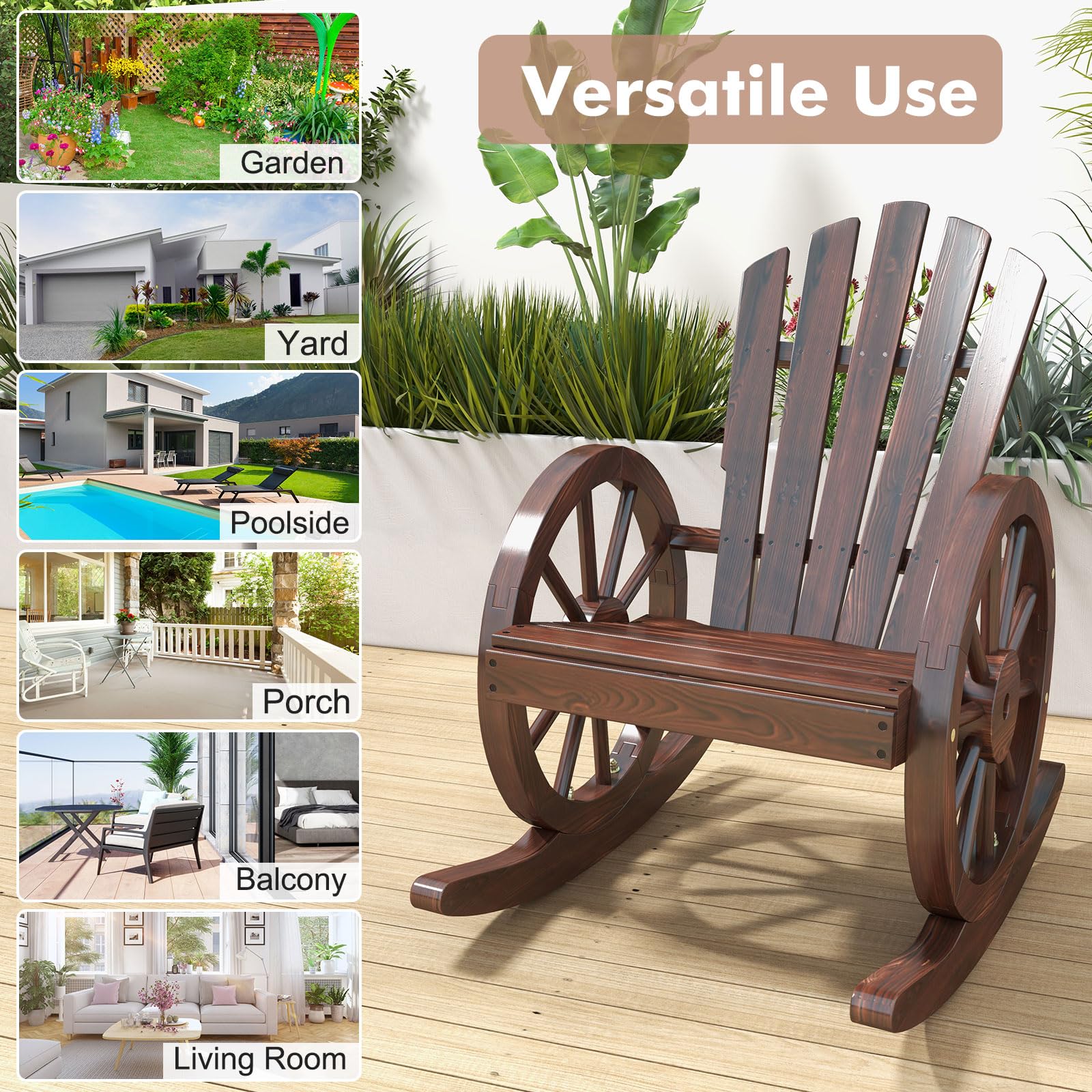 KINTESS Wooden Wagon Wheel Rocking Chair - Outdoor Patio Rocker with Armrests for Garden, Porch, Backyard & Relaxation | Durable Wooden Rocker for Comfortable Lounging