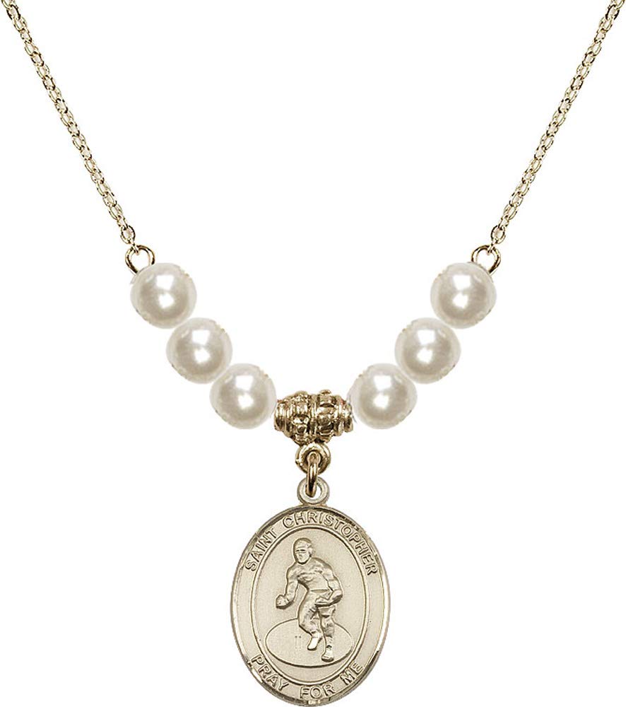 18K Gold Plated Hamilton Necklace with 6mm Faux Pearl Beads & Saint Christopher Charm - Patron Saint of Travelers, Perfect Gift for Motorists, Wrestlers & Travel Enthusiasts - Elegant Jewelry for Daily Wear, Special Occasions & Protection Blessings