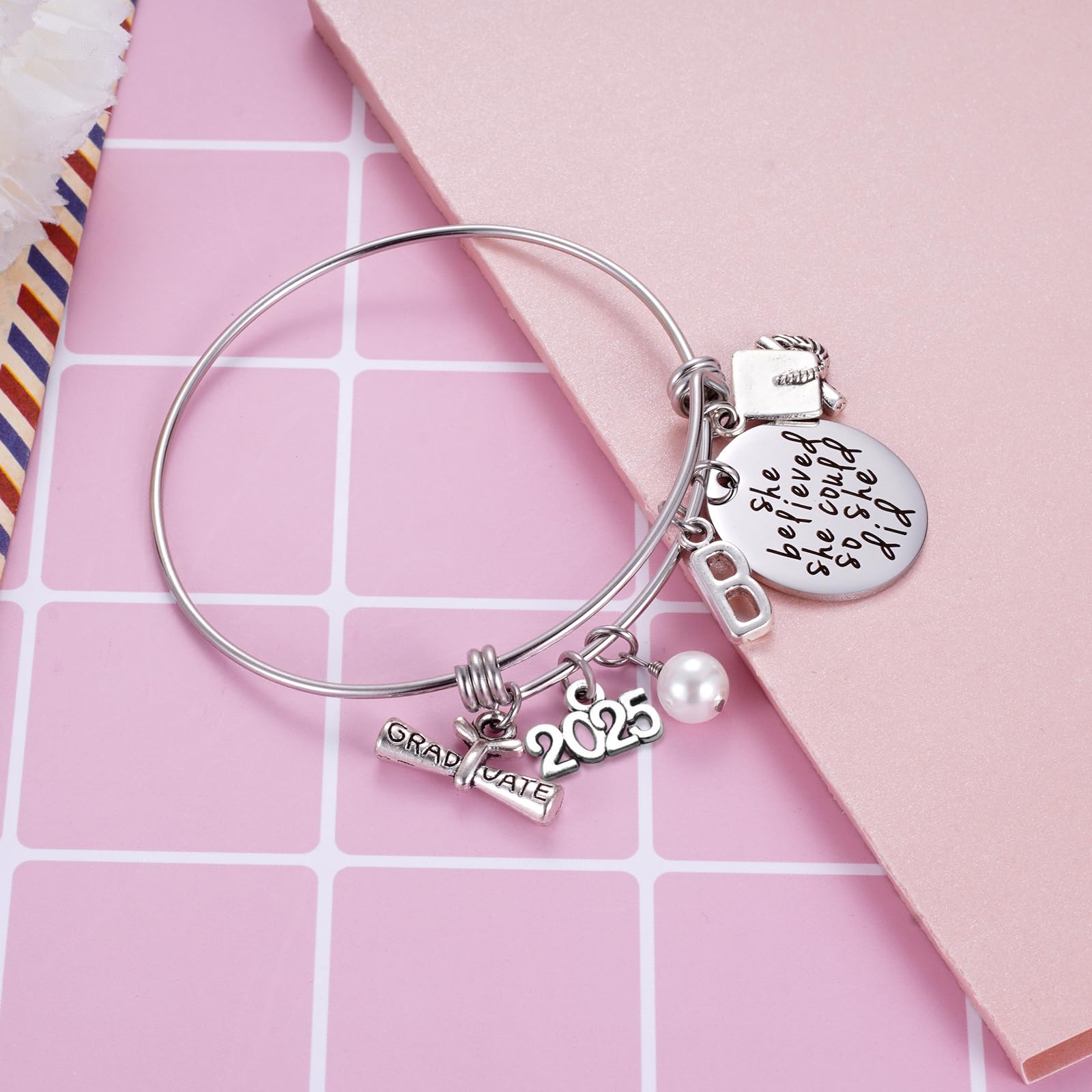 Ukodnus Class of 2025 Graduation Bracelet - Personalized 26 Initial Charm Bracelet for High School & College Graduates - Inspirational Gift for Her - Perfect for Graduation Ceremonies, Parties & Keepsakes