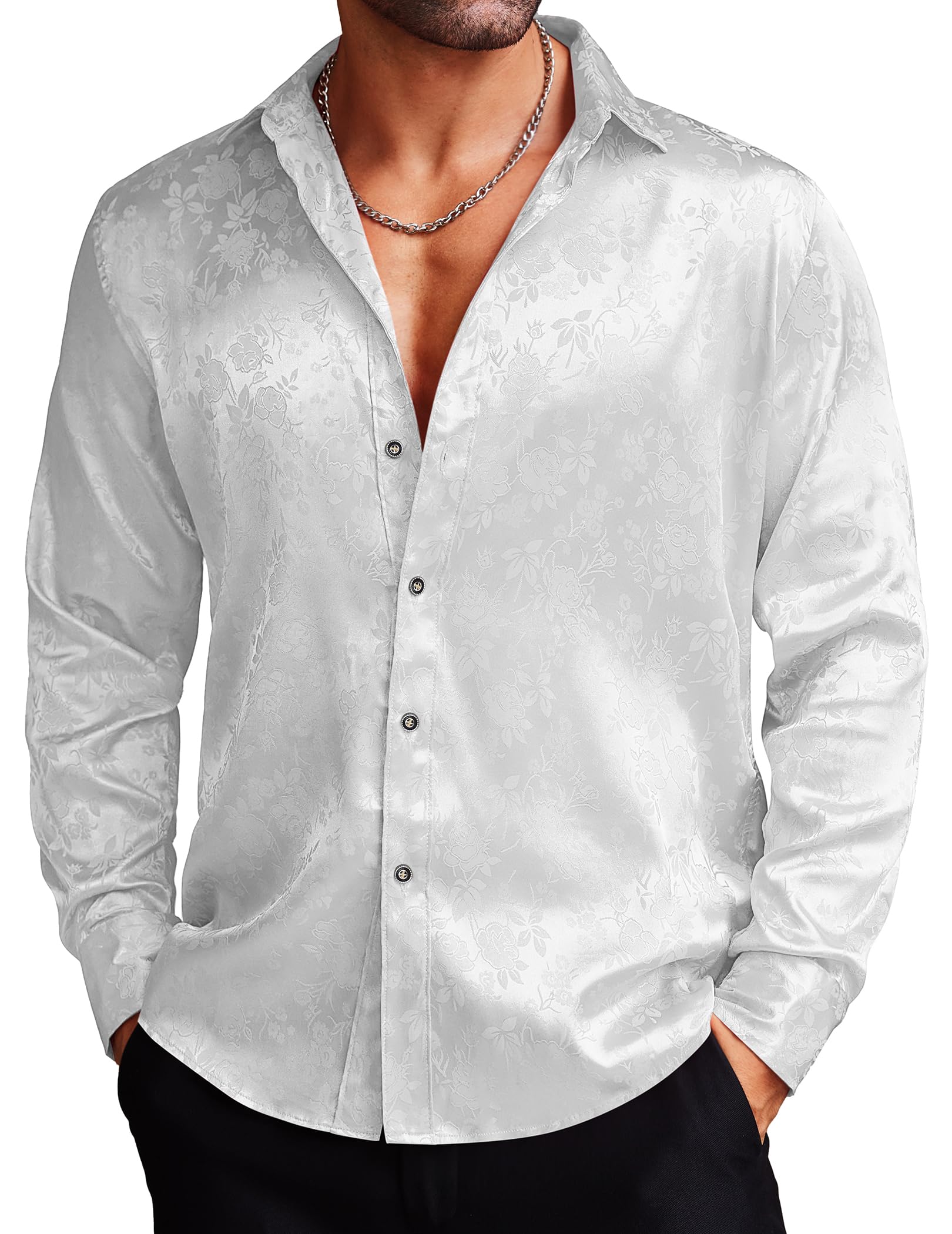 COOFANDY Men's Silk Satin Dress Shirt - Jacquard Floral Long Sleeve Button Up Shirt for Wedding, Prom & Party | Formal Occasions & Special Events