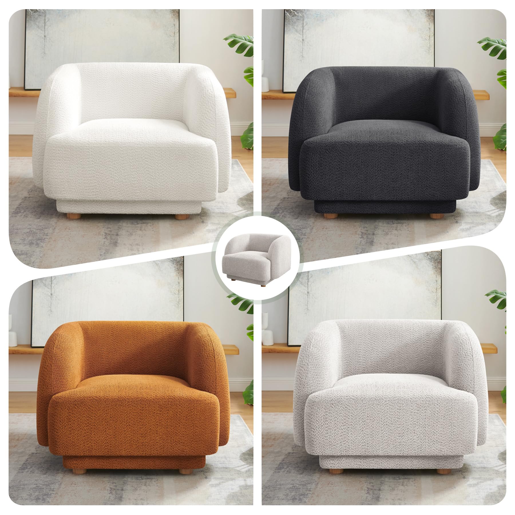Modern Oversized Accent Barrel Chair - Comfy Upholstered Armchair with Wooden Legs for Living Room, Bedroom, Office & Waiting Room - Perfect for Relaxation, Reading & Home Decor (White)