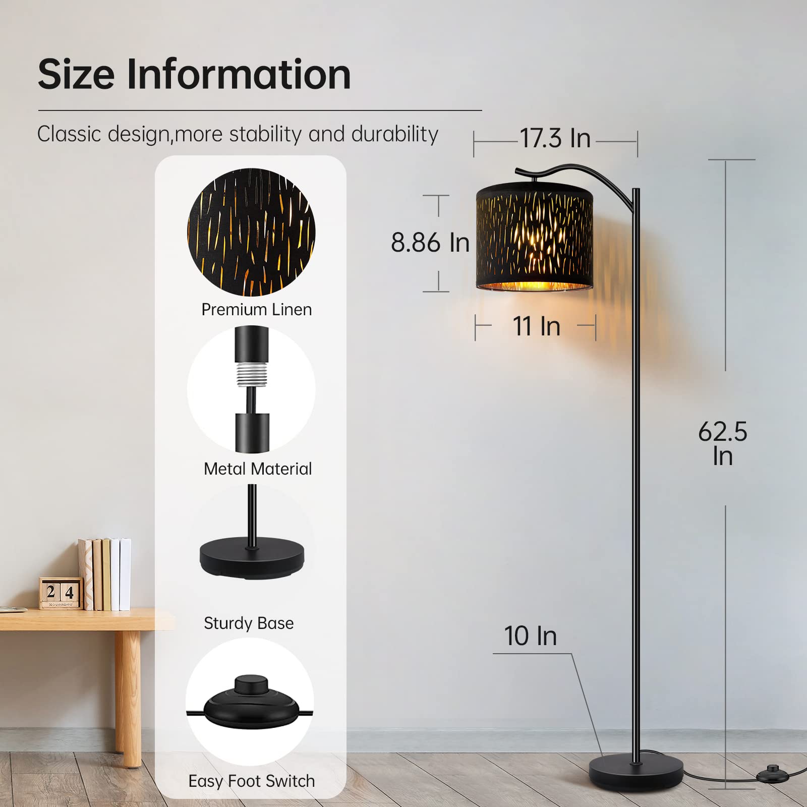 BoostArea 8W LED Arched Floor Lamp with Linen Shade - Mid Century Modern Tree Texture Standing Light for Living Room, Bedroom & Office - Perfect for Reading Nook, Cozy Corner and Workspace Lighting