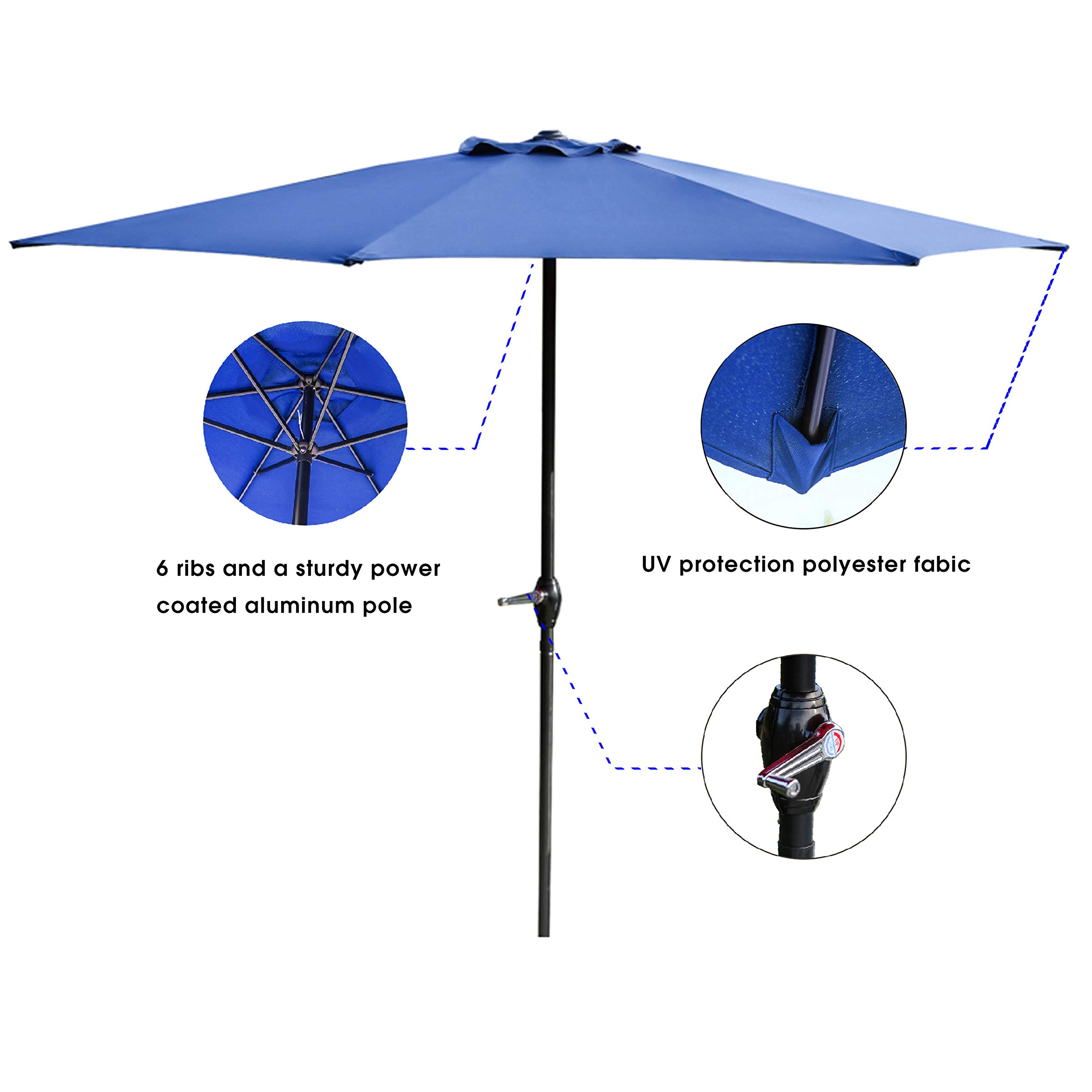 LOKATSE HOME 9 Foot Outdoor Patio Umbrella with Crank Lift - Heavy Duty 6 Ribs Market Umbrella for Pool, Deck, Garden & Backyard (Blue)