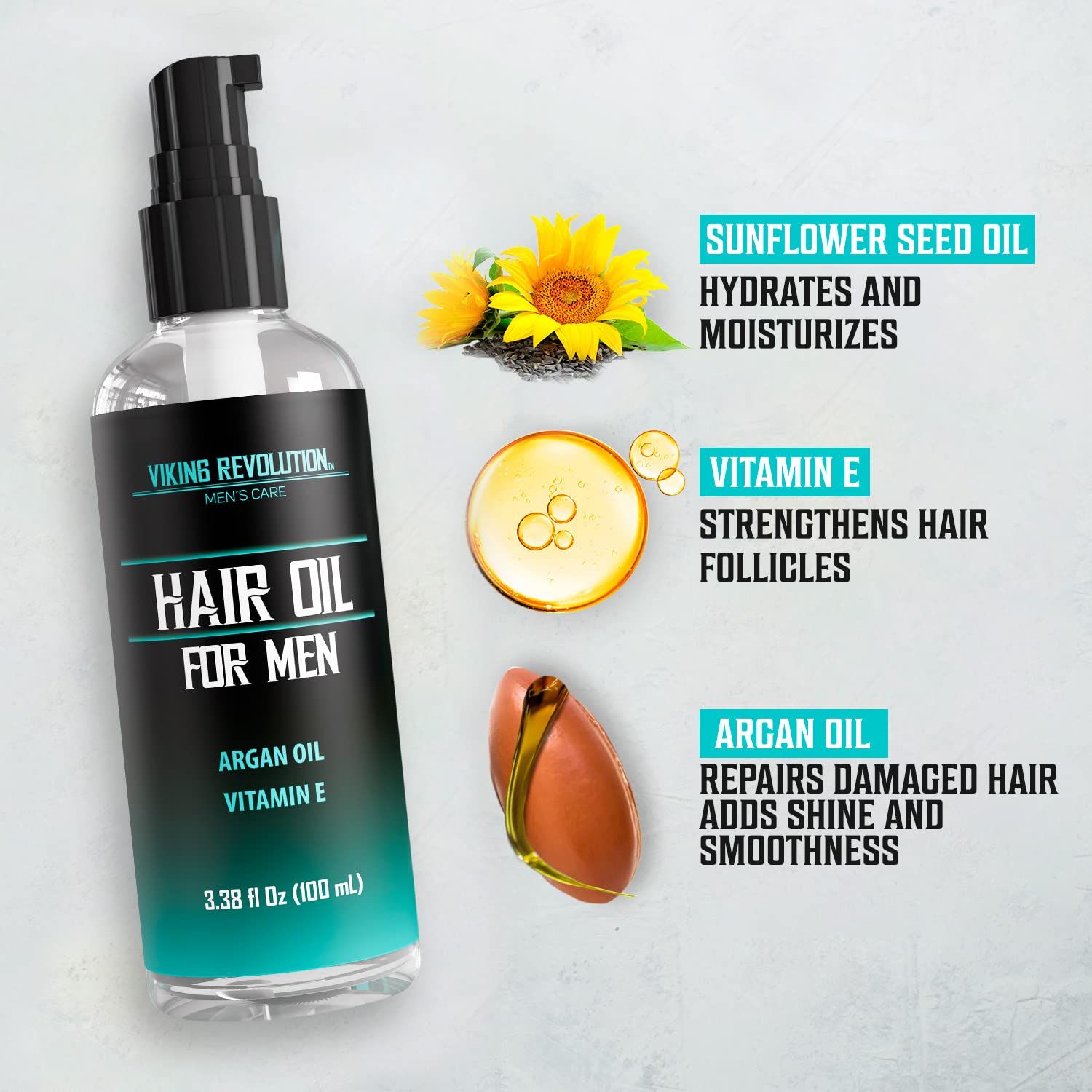 Viking Revolution Hydrating Hair Oil for Men with Vitamin E & Argan Oil - Dry Hair Treatment & Repair Serum with Sunflower Seed Oil (3.38 fl Oz) - Perfect for Daily Hydration, Styling & Damaged Hair Recovery