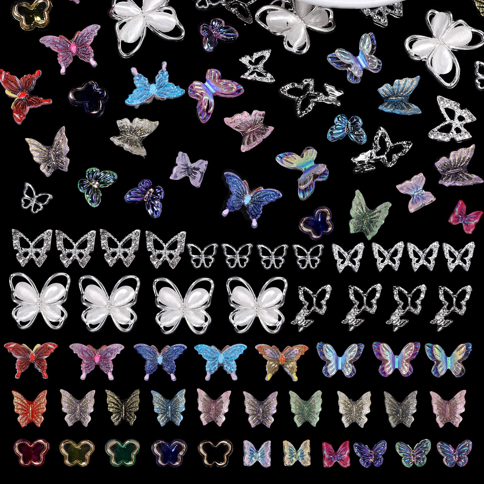 120 Pcs 3D Butterfly Nail Charms - 20 Silver & 100 Assorted Color Nail Art Decorations for Acrylic Nails, DIY Manicure, Nail Salon & Party Nail Designs - Perfect for Wedding, Prom, Holiday & Special Occasion Nail Art