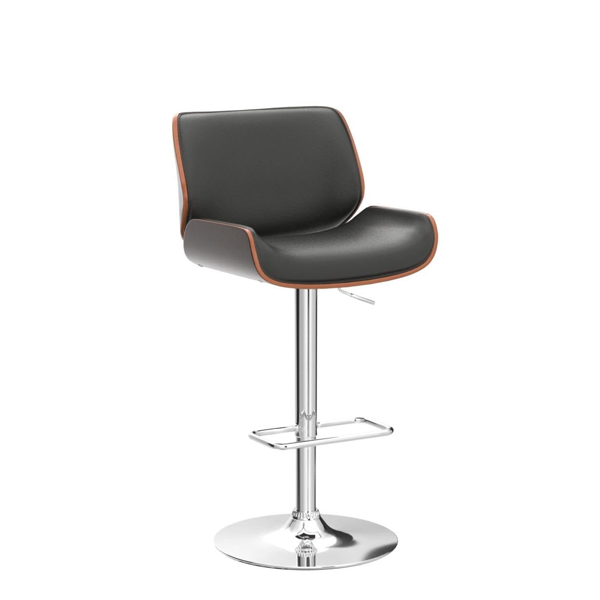 Glitzhome Adjustable Bar Stool Set of 2 - Swivel Mid-Century Modern PU Leather Counter Height Dining Chairs with Back Support, Black Walnut Bentwood Design - Perfect for Kitchen Islands, Breakfast Bars & Home Bars