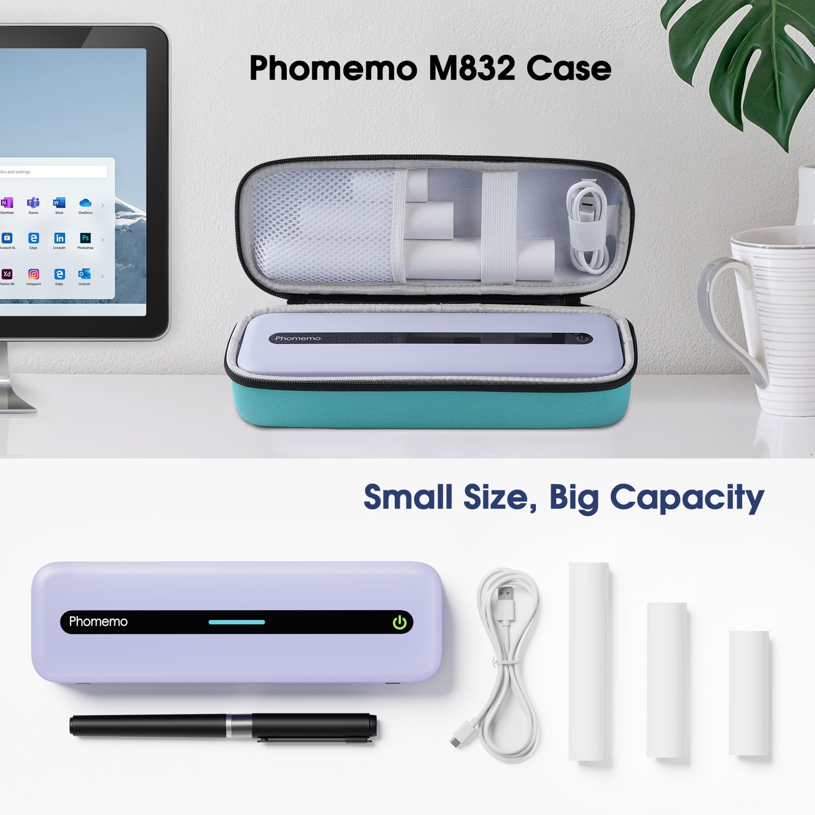 Phomemo Portable Printer Storage Box - Compatible with M832, M834, M835 Wireless Mobile Printers | Travel Organizer for USB Cable & Thermal Paper (Green) | Perfect for Office, Travel & On-the-Go Printing Needs