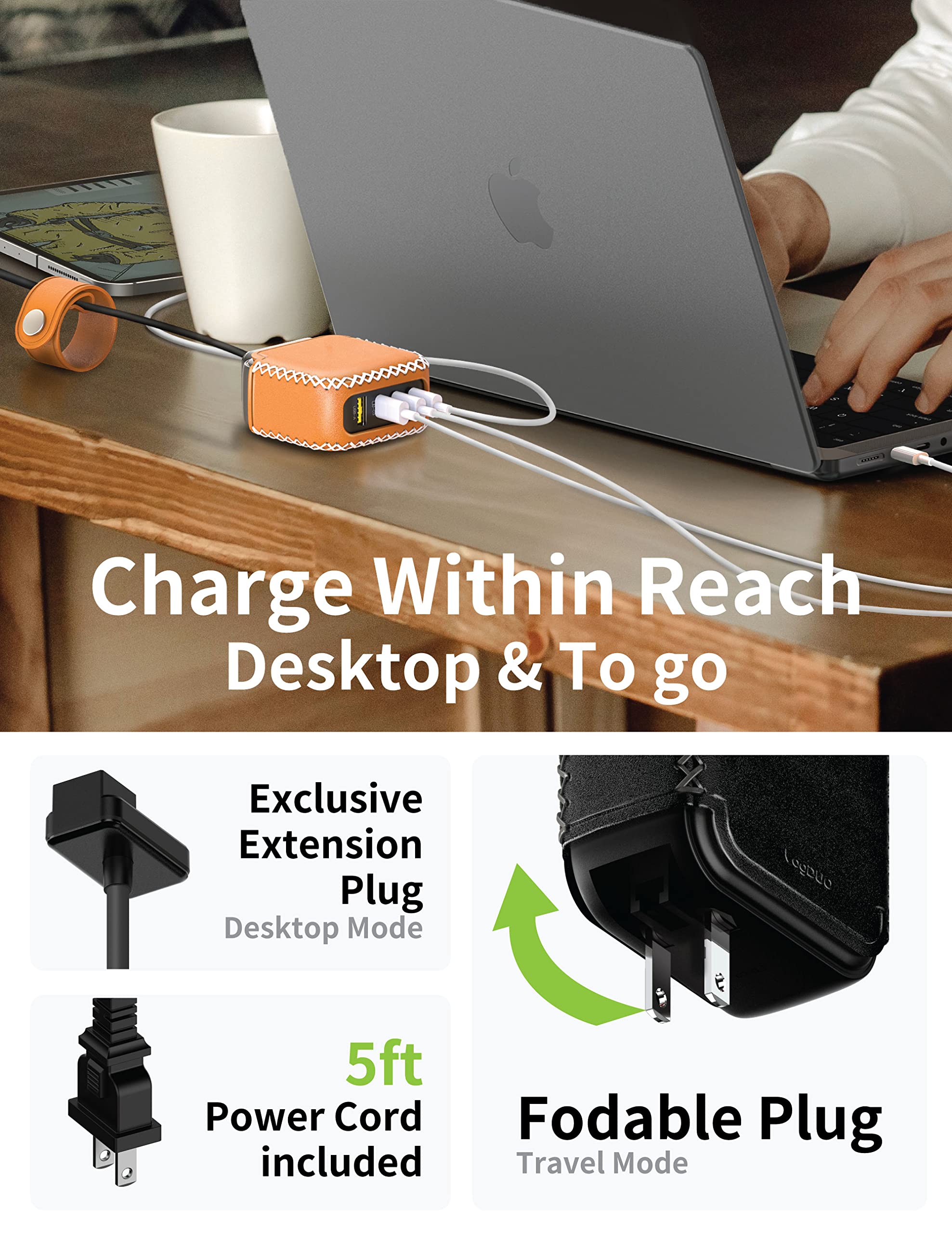 100W GaN USB C Charging Station - 4 Port Fast Foldable Wall Charger with 5ft Leather Extension Cord for MacBook iPad iPhone 15 Pro Apple Watch Vision Pro - Perfect for Travel Office Home & Car Charging (Black)