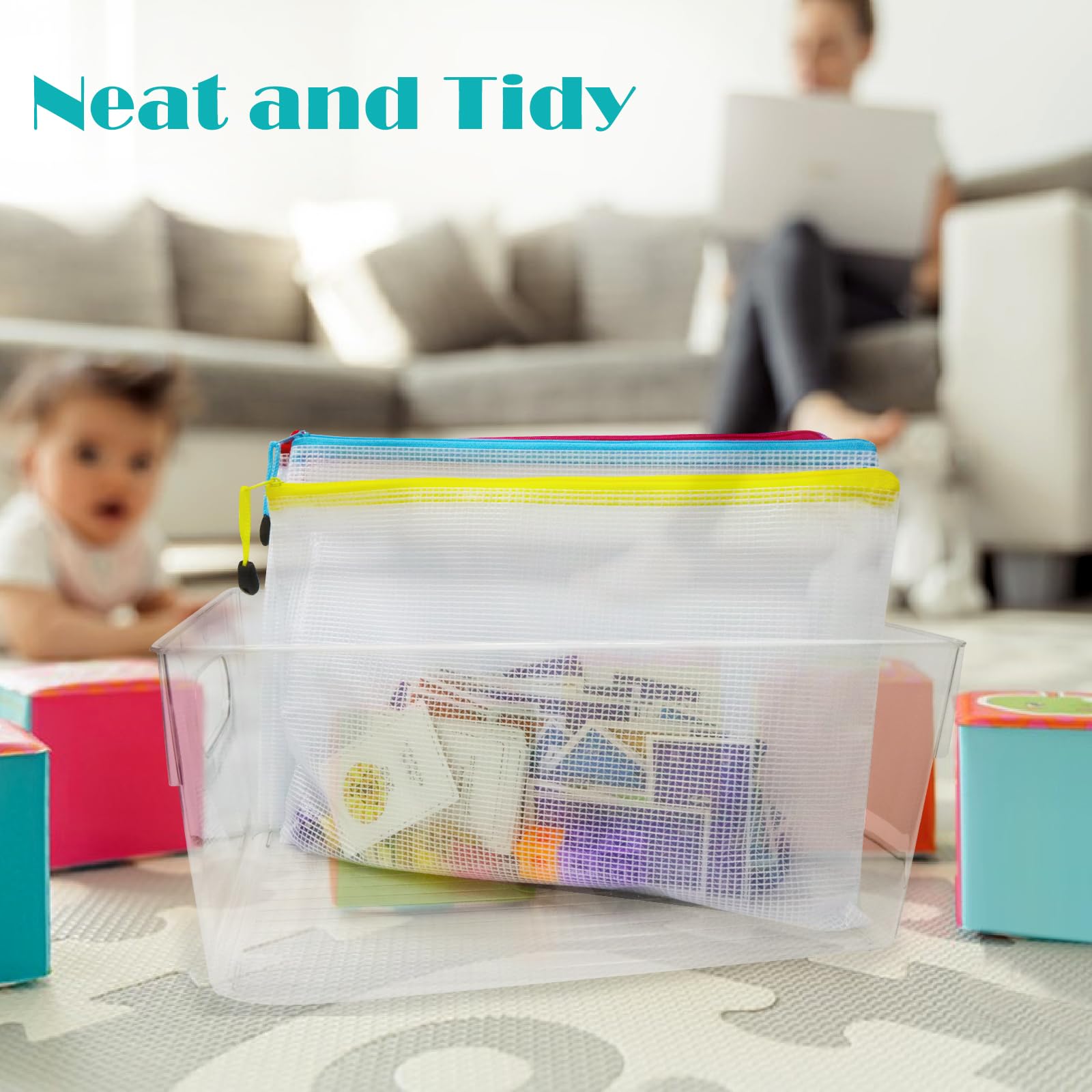 64pcs A4 Mesh Zipper Pouch Bags - Clear Plastic Storage Organizer with Zipper for School, Office, Travel & Board Games | Perfect for Classroom Supplies, Travel Accessories & Game Card Storage