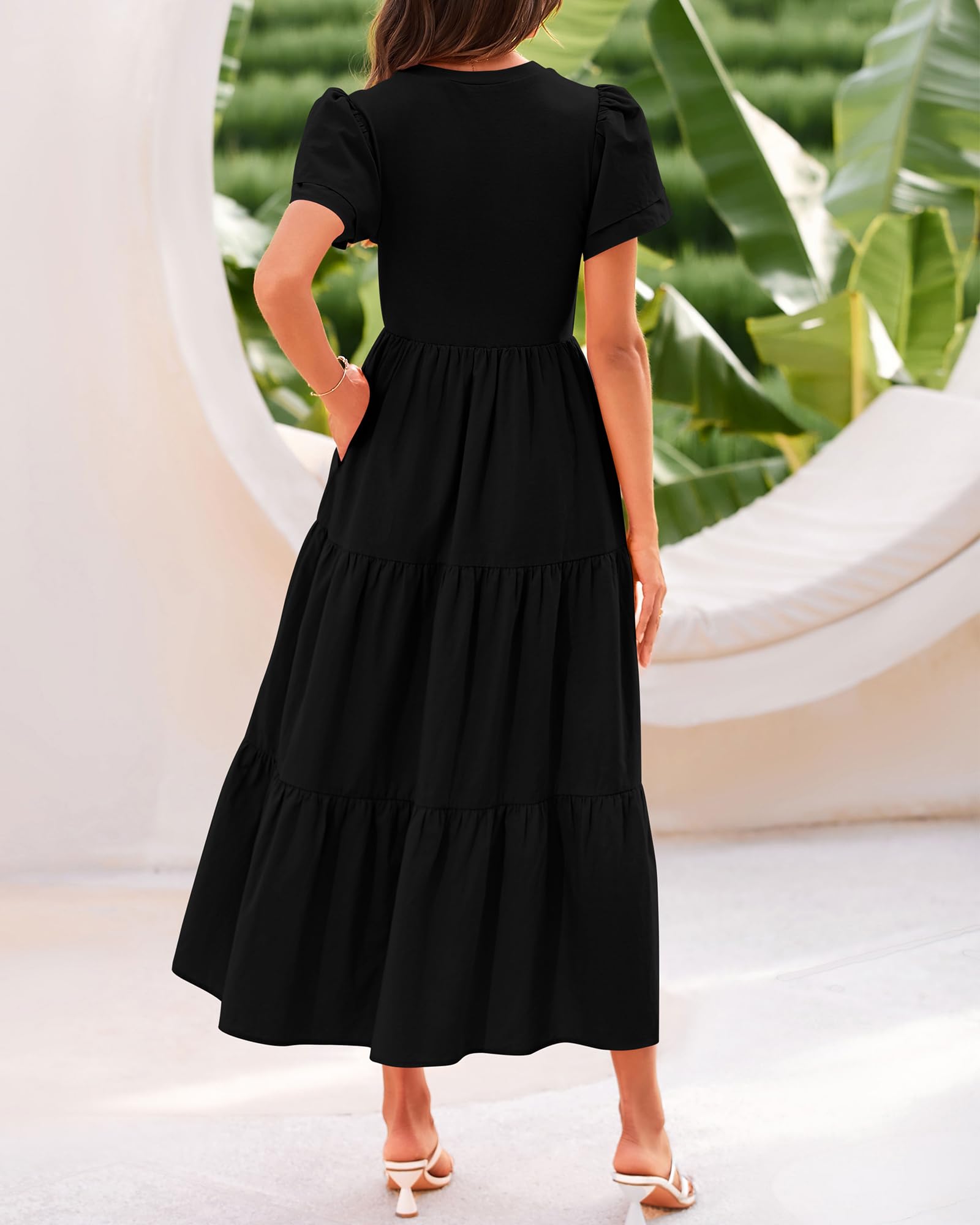 BTFBM Women's Casual Summer Maxi Dress 2025 - Short Sleeve Boho Beach Dress with Pockets, Tiered Flowy Design for Spring & Summer Vacations | Perfect for Beach Outings, Date Nights and Casual Wear
