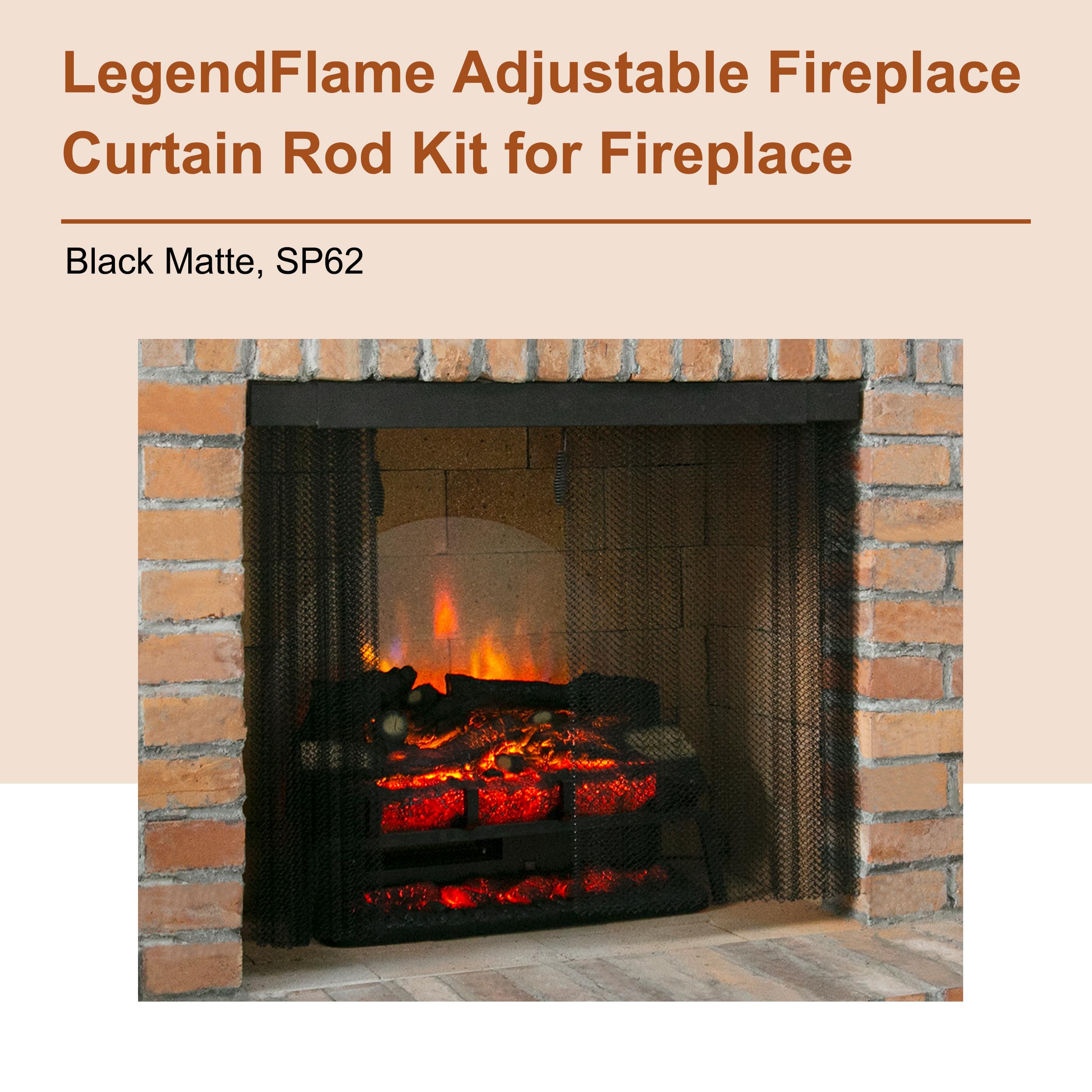 LegendFlame Adjustable Fireplace Curtain Rod Kit - Black Matte Fireplace Screen with Mesh Curtain (SP62) - Perfect for Fireplace Safety & Decoration in Living Rooms & Patios