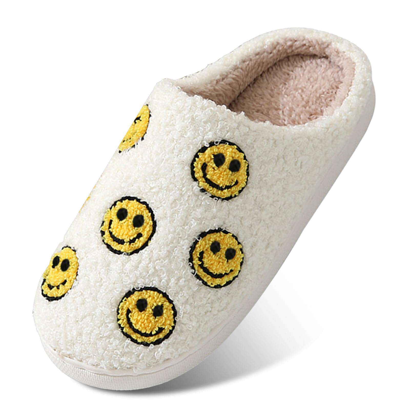 Retro Smiley Face Slippers for Women & Men - Memory Foam Plush House Slippers - Warm Indoor Slip-On Shoes for Home, Dorm & Lounge Comfort
