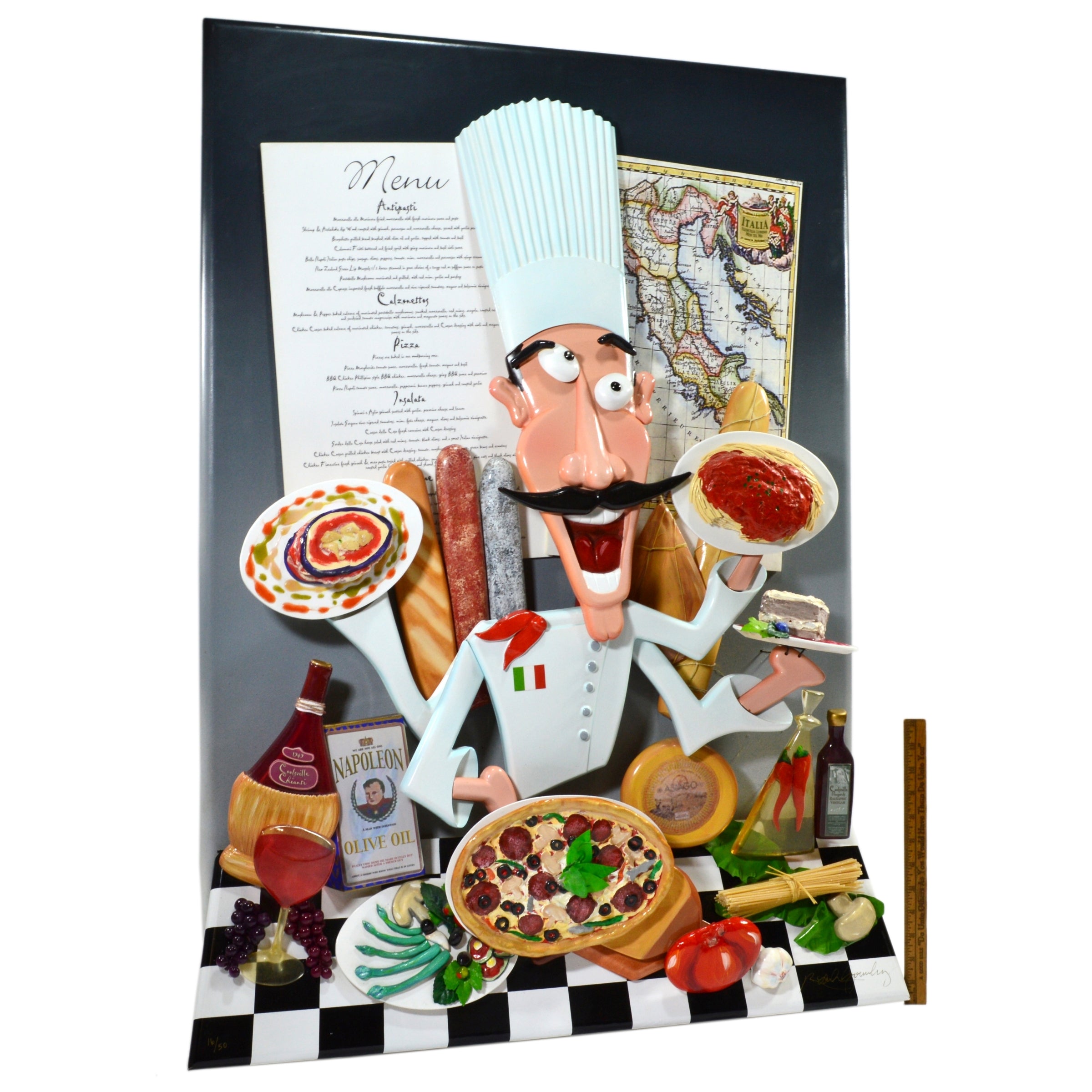 Original 3D Wall Sculpture Italian Chef by Roark Gourley - Handcrafted Restaurant Decor for Kitchen, Dining Room & Cafe Wall Art