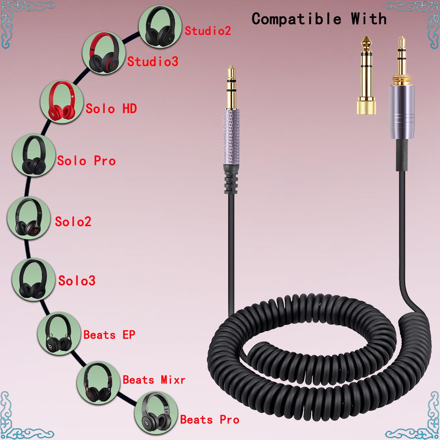 Beats Studio3 & Solo3 Replacement Audio Cable with Mic & Volume Control - 8ft Coiled 3.5mm Aux Cable for Wireless Headphones, PS5, Xbox One - Perfect for Gaming, Music & Home Entertainment