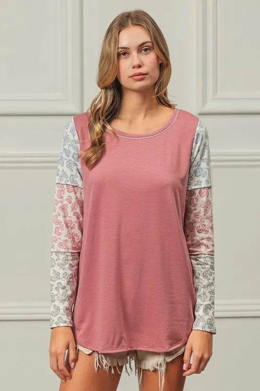 BiBi French Terry Paisley Triblend Color Block Sweatshirt - Soft & Stylish Women's Pullover for Casual Wear & Lounge Outfits