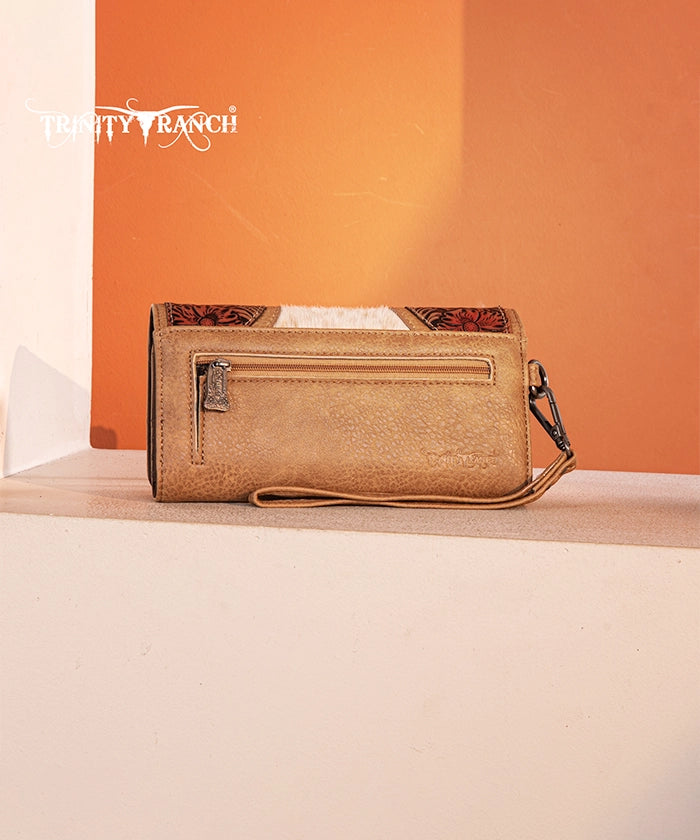 Trinity Ranch Floral Tooled Hair-On Cowhide Leather Wallet for Men & Women - Stylish Western Bifold Wallet for Everyday Use, Travel & Gifts
