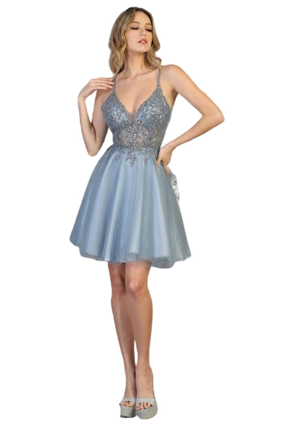 Elegant Dusty Blue Graduation Embellished Dress for Women - Perfect for Graduation Ceremonies, Prom Nights & Special Occasions