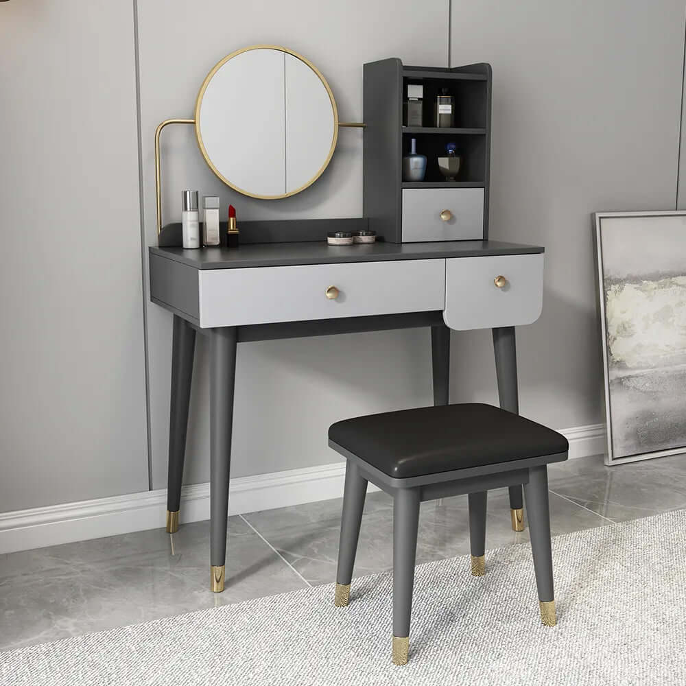Ultic 2-Piece Minimalist Makeup Vanity Set with Mirror & Stool - Walnut Finish | Perfect for Bedroom, Dressing Room & Small Space Organization