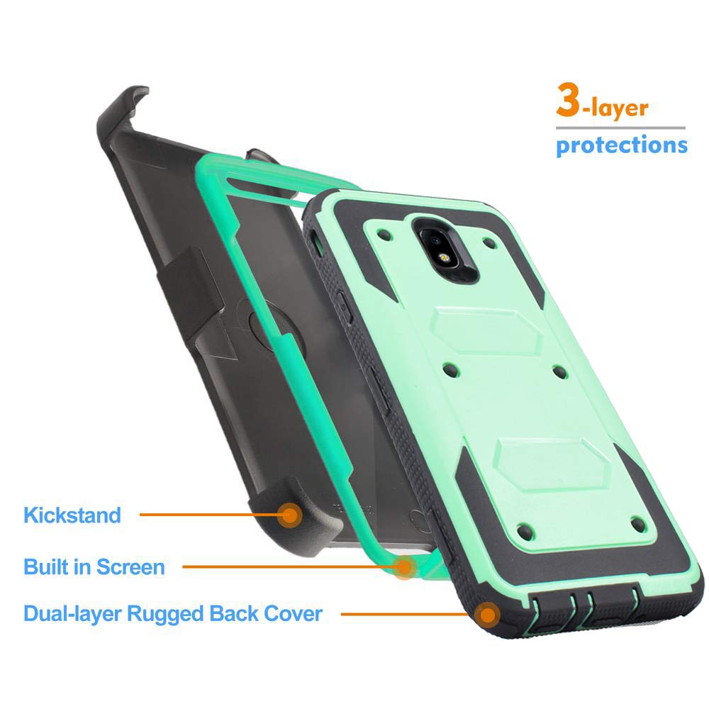 Samsung Galaxy J7 (2018) Phone Case with Built-in Screen Protector, 360° Protection, Kickstand & Holster Clip - Teal - Perfect for Work, Travel & Outdoor Activities