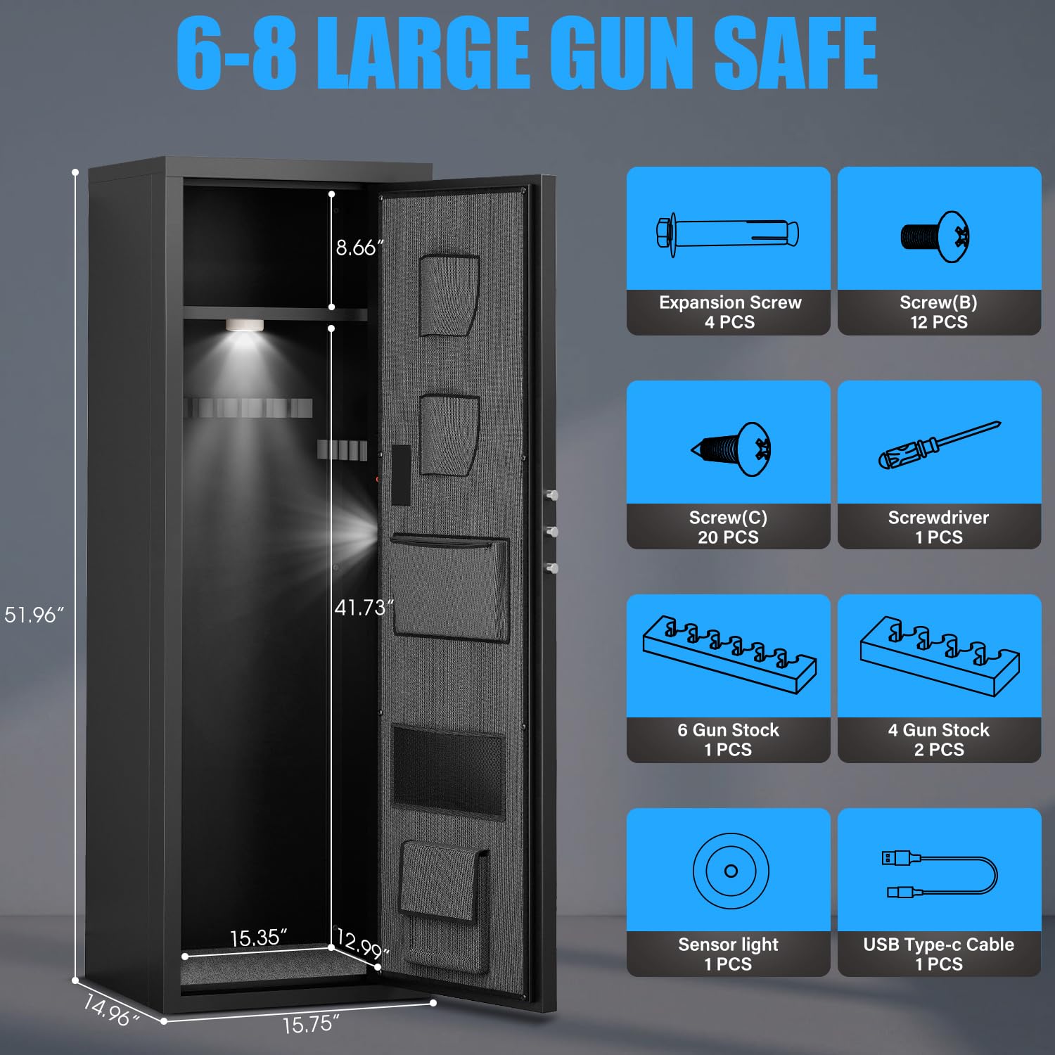 6-8 Rifle Gun Safe for Shotguns & Pistols - Large Fingerprint Biometric Safe with Touchscreen Keypad, Dual Alarm & Mute Mode - Unassembled Home Security Safe with Removable Shelves - Perfect for Bedroom, Closet or Garage Gun Storage