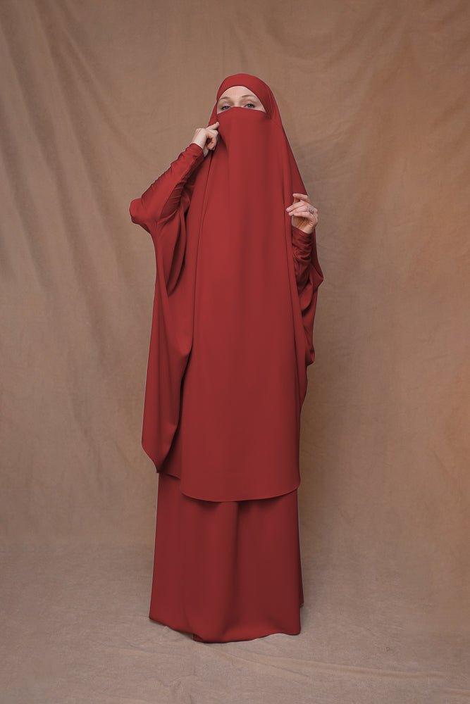 Red Moira Umrah Prayer Gown with Niqab - Islamic Modest Dress for Women - Perfect for Hajj, Umrah Pilgrimage & Daily Prayers