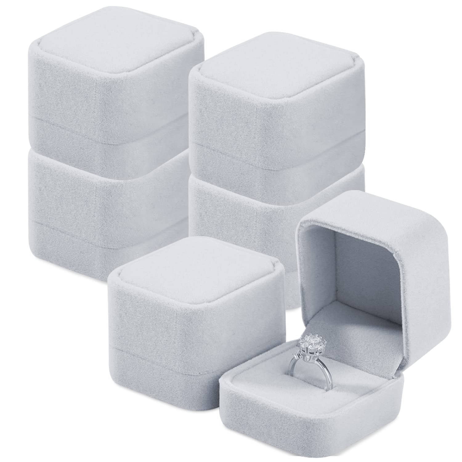 6 Pack Velvet Jewelry Gift Box Set - Necklace, Earring & Ring Storage Boxes with Cotton Filling (2.16 x 1.7 x 1.96 Inches, Gray) - Perfect for Wedding, Anniversary, Birthday Gifts & Jewelry Organization