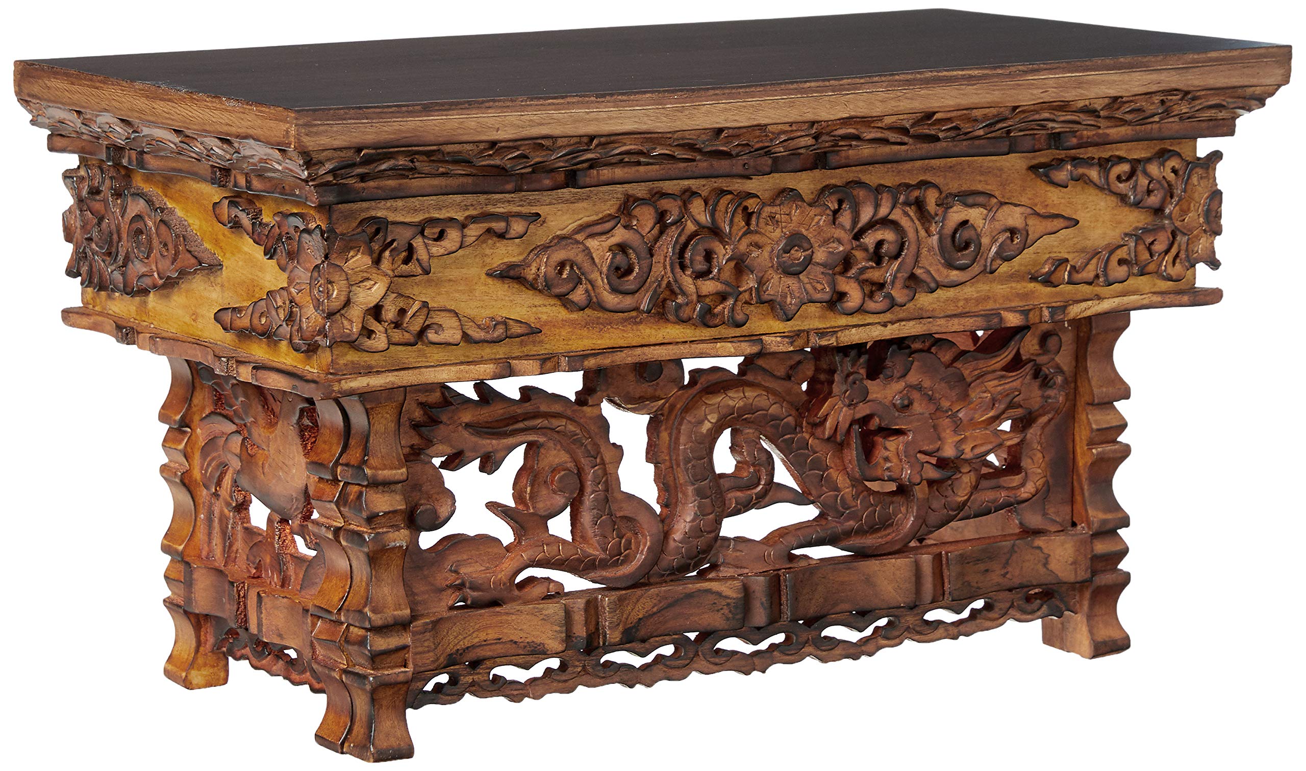 Fair Trade Small Wooden Altar Table - Handcrafted Meditation & Puja Table for Wiccan, Buddhist, and Japanese Tea Ceremonies - Low Side Dragon Design - Perfect for Home Shrines, Yoga Studios & Spiritual Spaces
