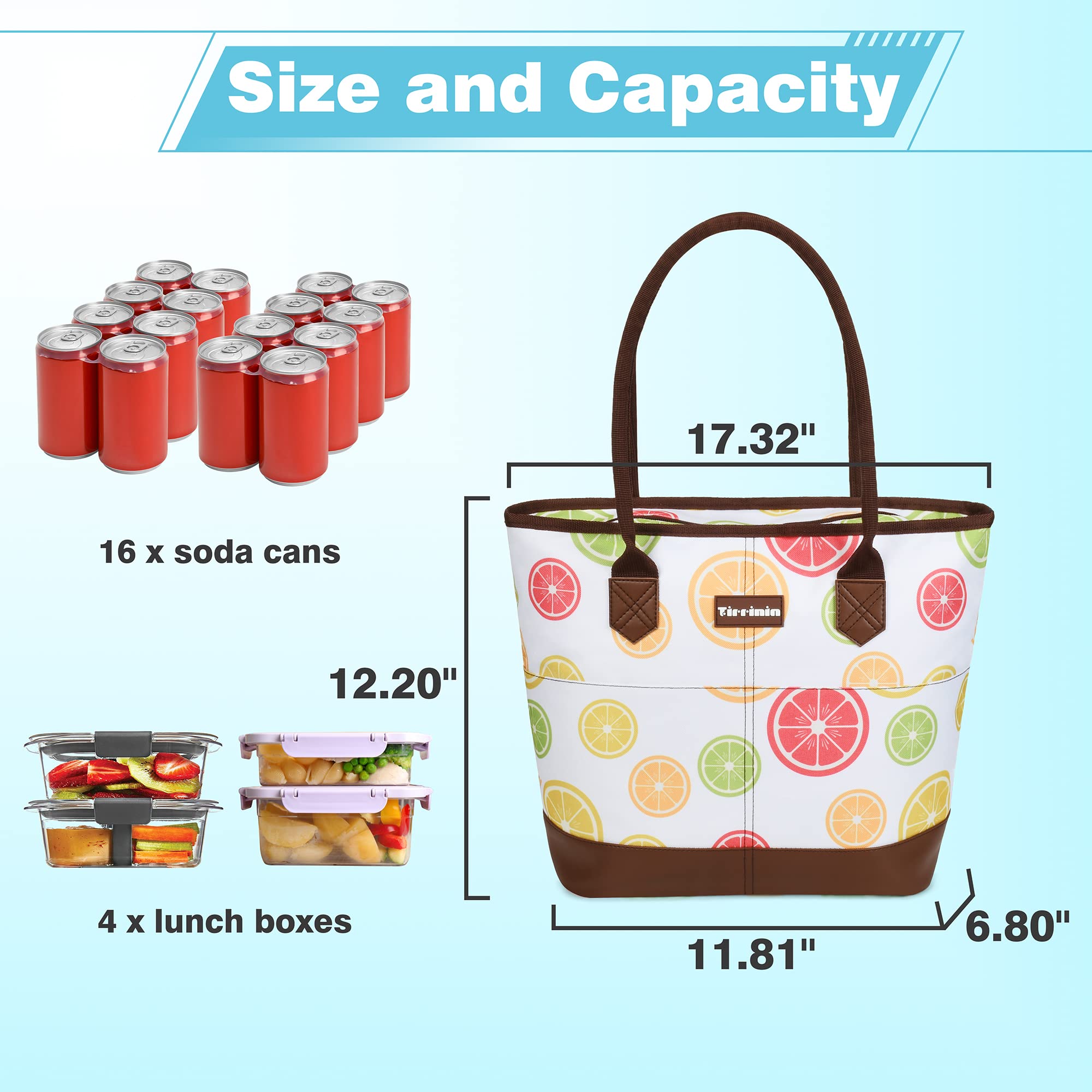Tirrinia Large Insulated Lunch Tote Bag for Women - Waterproof Leakproof Cooler Bag with Zipper | Perfect for Work, Beach, Grocery Shopping & Frozen Food Storage | Stylish White Lemon Design