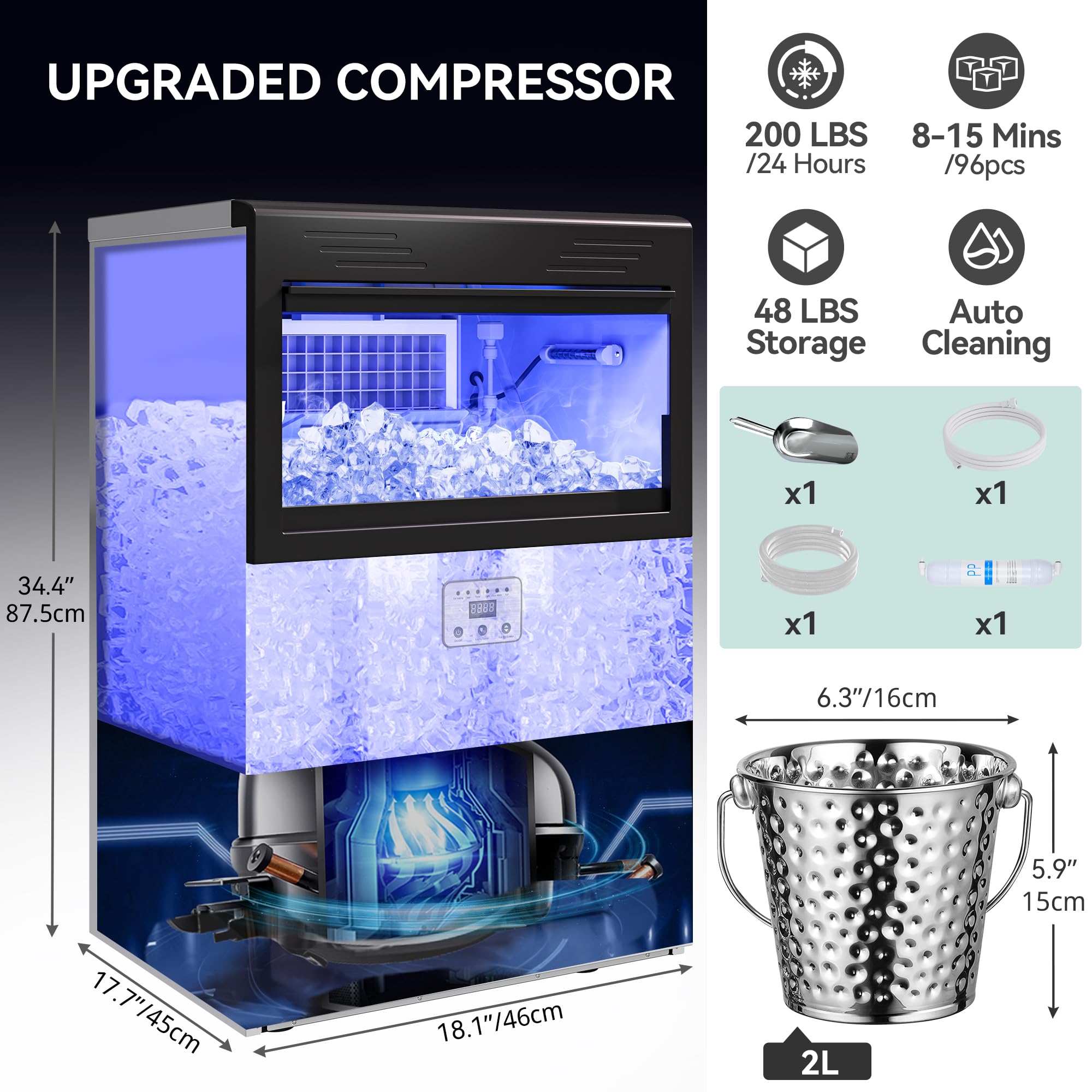 YITAHOME 200 LBS Commercial Ice Maker Machine - Under Counter Free Standing Ice Maker with 48LBS Storage Bin, Stainless Steel Ice Scoop & Bucket - Perfect for Home Bars, Restaurants, and Commercial Kitchens