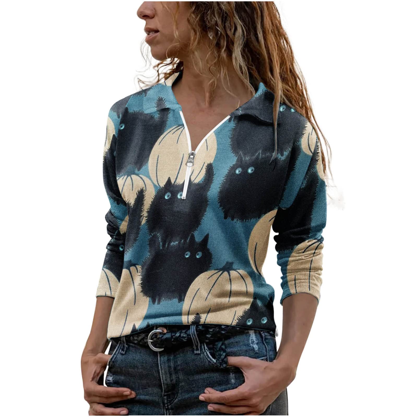 Women's Quarter Zip Pullover - Cute Cat Graphic Long Sleeve Halloween Shirt | Casual Fall & Summer Blouse for Parties, Work & Everyday Wear