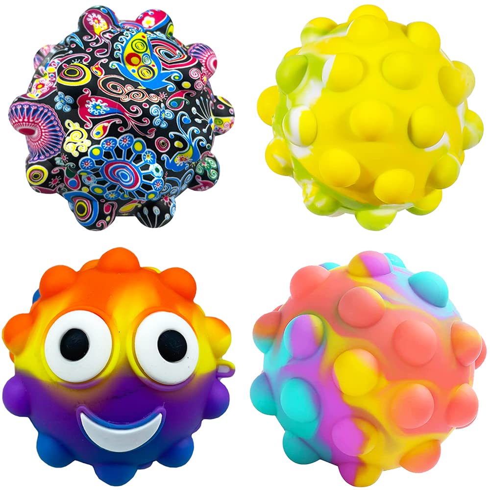 4 Pack 3D Pop Fidget Ball Sensory Toys - Stress Relief Anxiety Popper for Kids & Adults with Autism - Silicone Bubble Push Game for Classroom, Office & Travel Stress Relief