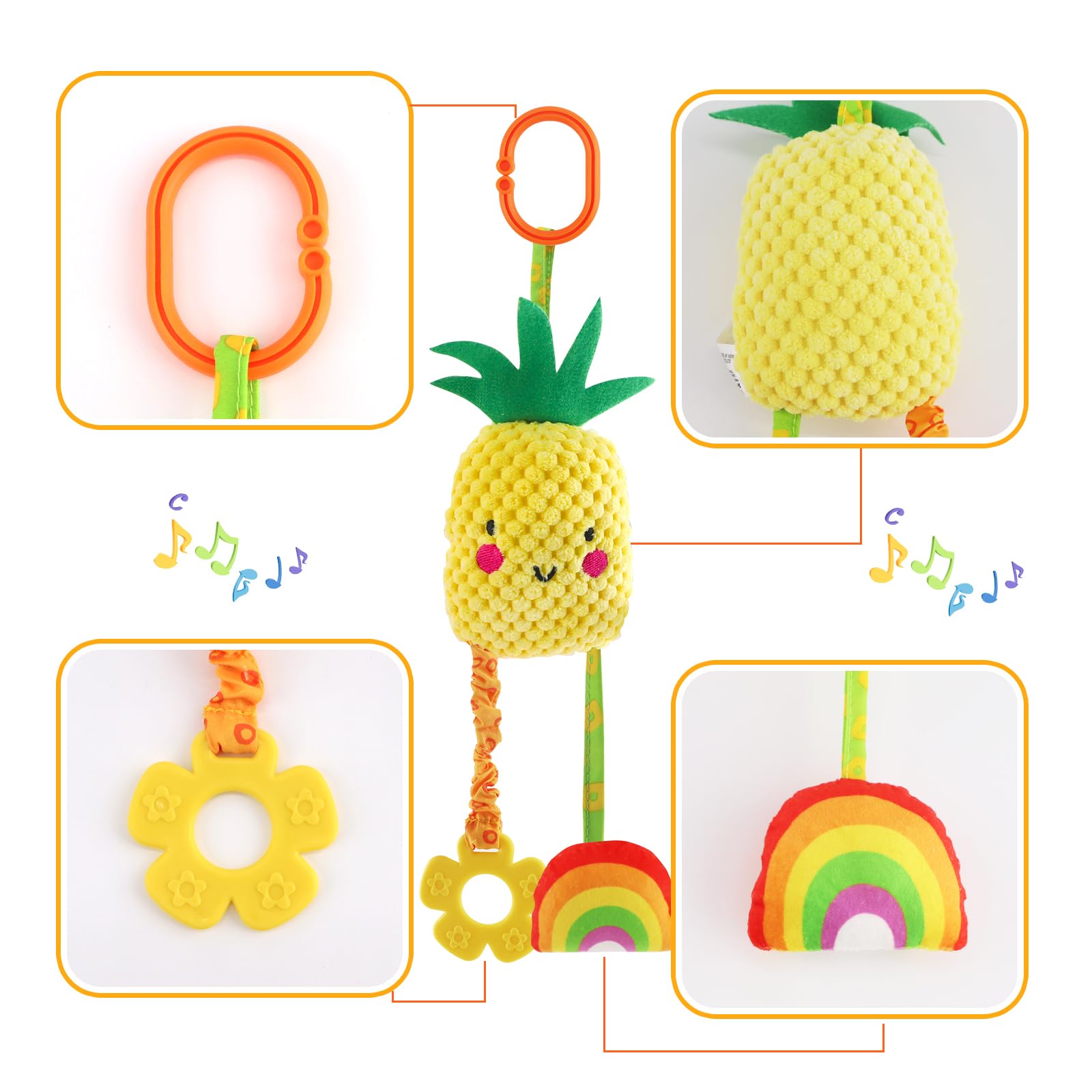KAKIBLIN 4 Pack Baby Hanging Rattle Toys - Soft Squeaky Teether Toys for Newborns 0-12 Months | Car Seat, Stroller & Crib Activity Toys for Boys & Girls | Fruit-Themed Developmental Toys for Travel & Playtime