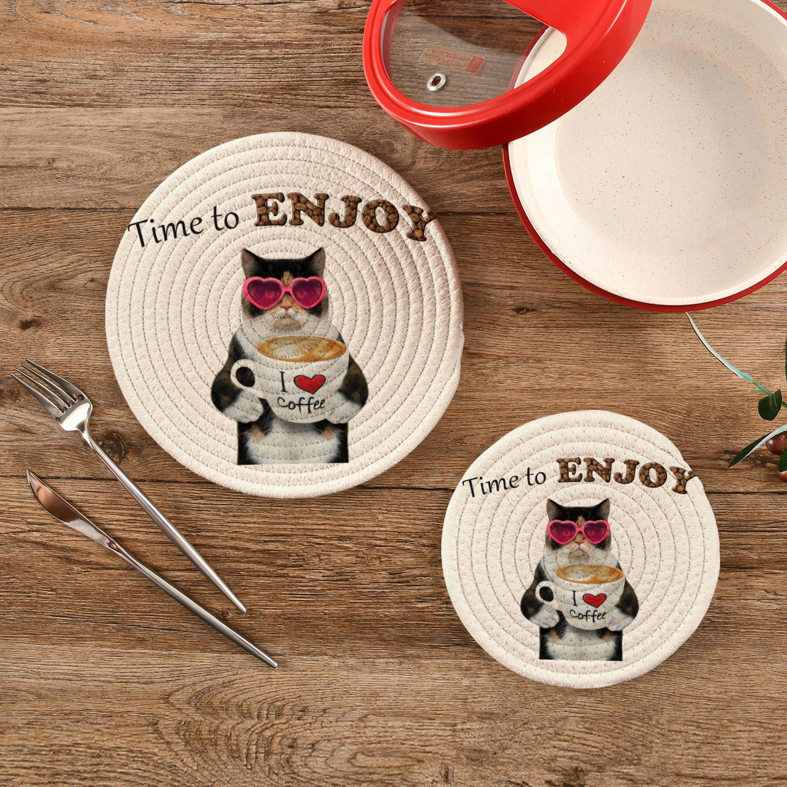 Funny Cat Coffee Quote Pot Holders & Trivets Set of 2 - Heat Resistant Kitten Cotton Weave Trivet Mats for Hot Pans, Bowls & Teapots - Perfect for Kitchen Decor & Coffee Lovers' Gift