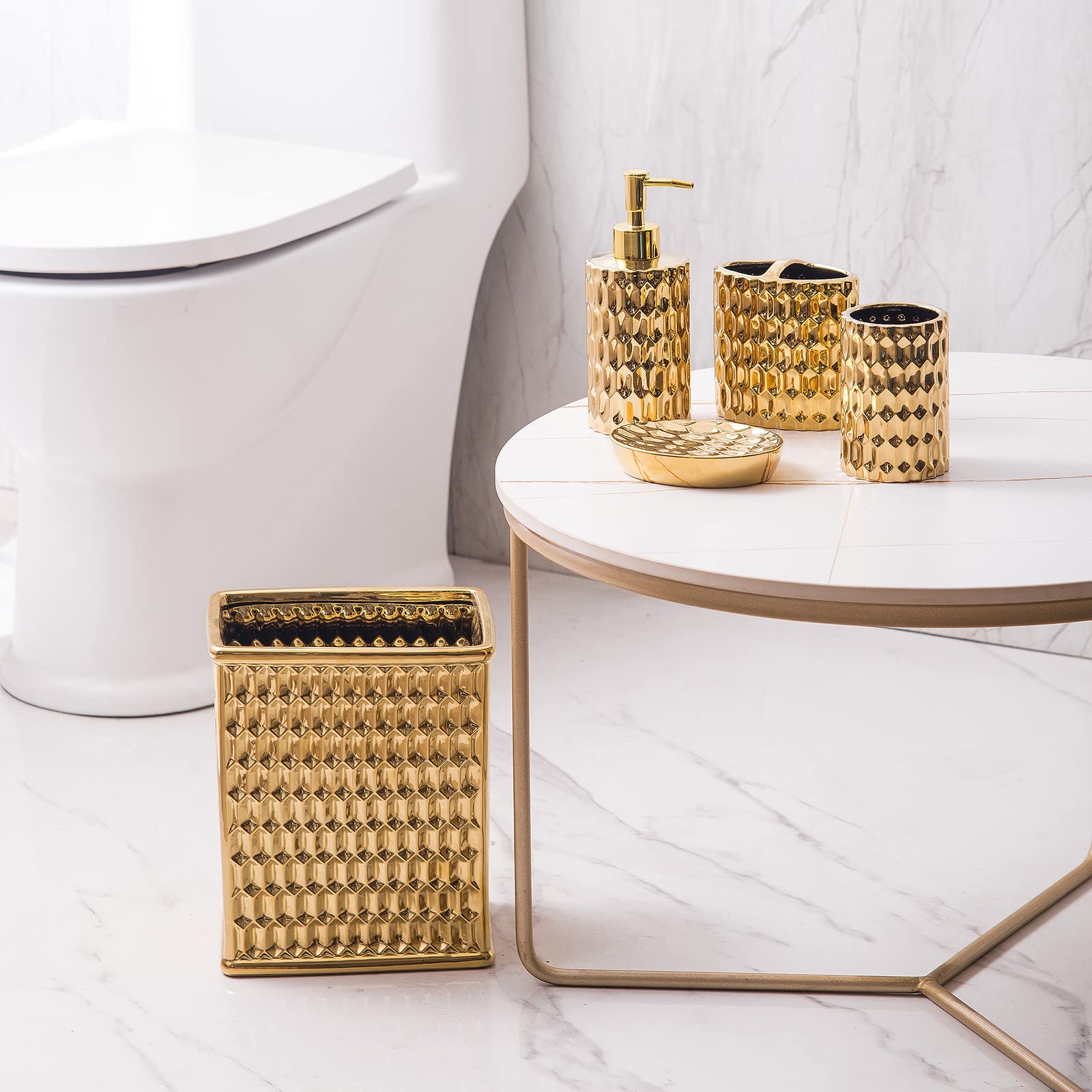 Luxury 5-Piece Gold Bathroom Accessories Set - Ceramic Toothbrush Holder, Soap Dispenser, Soap Dish, Tumbler & Trash Can | Elegant Bathroom Decor for Modern Homes & Hotels | Perfect for Spa-Like Experience & Upscale Interior Design