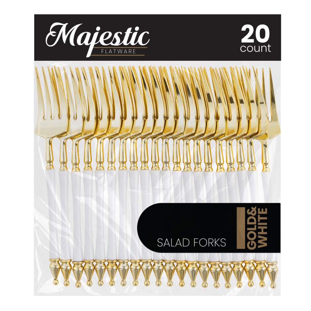 Majestic Collection 20-Piece Gold and White Plastic Flatware Set - Elegant Disposable Cutlery for Parties, Picnics, and Events