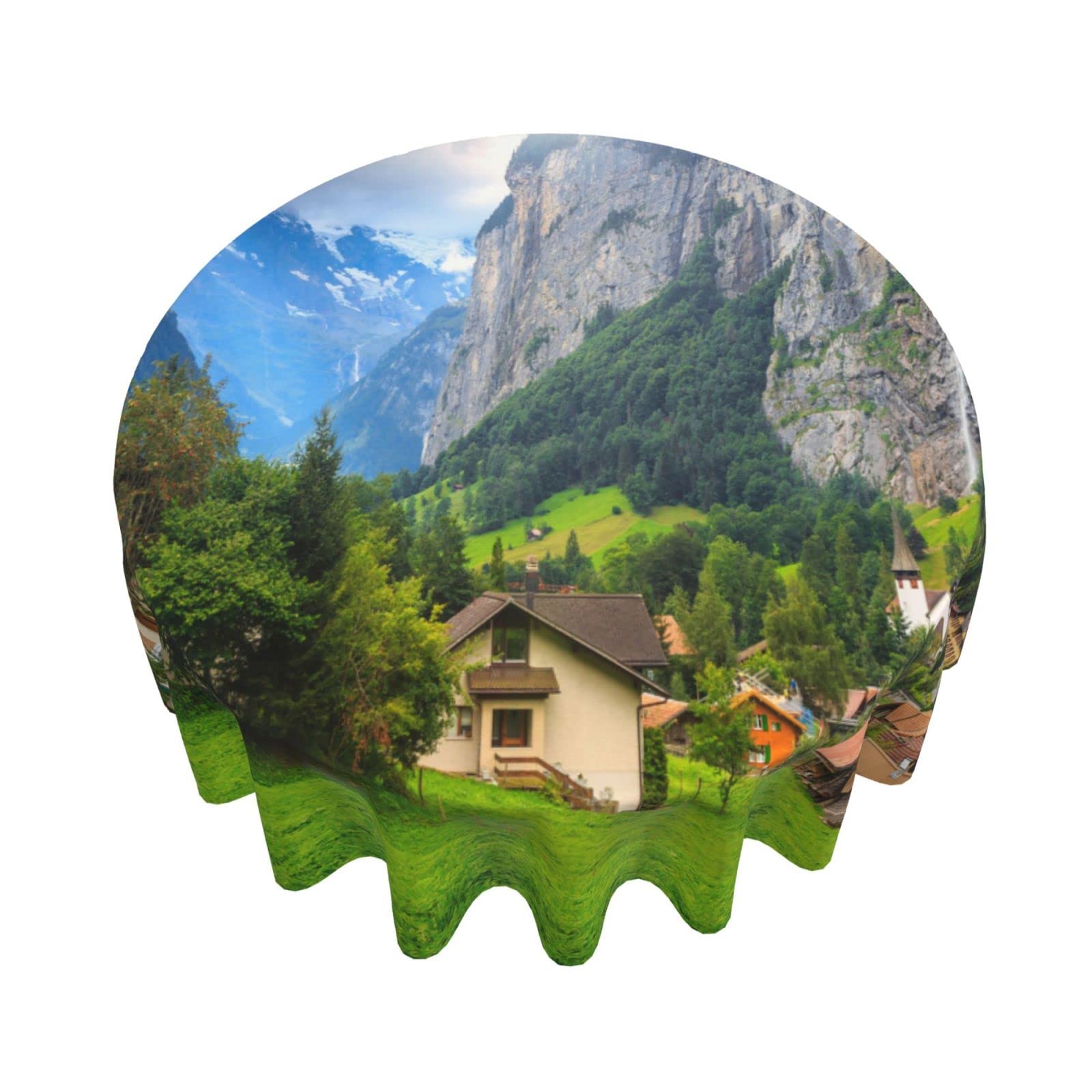 Wozukia 60 Inch Round Tablecloth - Scenic Green Fields & Waterfall of Lauterbrunnen, Swiss Alps Design for Dining Room, Indoor & Outdoor Use - Perfect for Parties, Picnics, and Home Decor