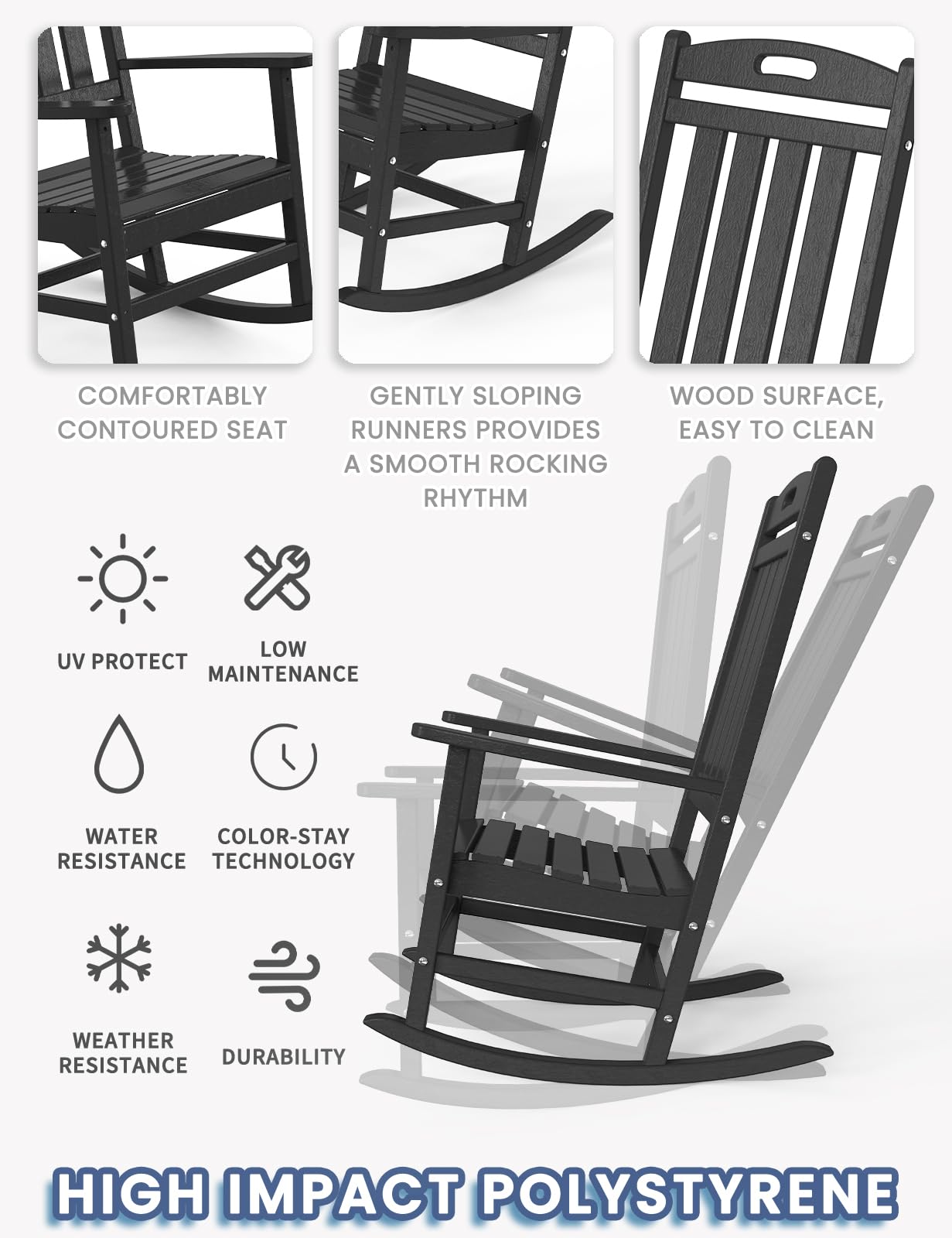 **Outdoor Rocking Chair - High Back HDPE Patio Rocker, All-Weather Resistant Porch & Lawn Chair for Deck, Backyard, Garden or Indoor Use - Perfect for Relaxing, Reading & Enjoying Nature (Black)**