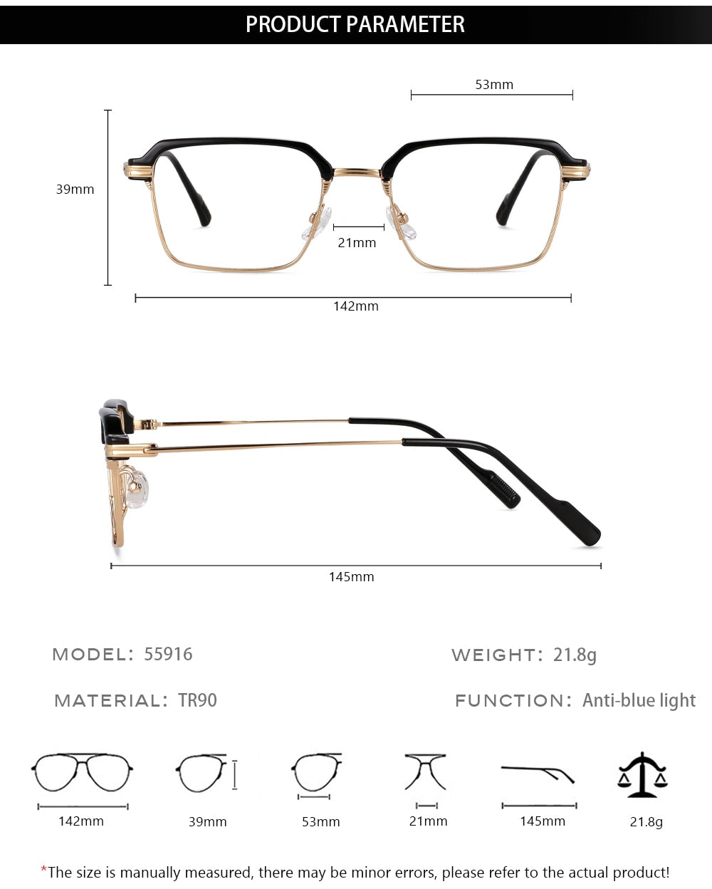 CCspace Men's Full Rim Square Brow Line Alloy Acetate Eyeglasses 55916 - Stylish Square Frame Glasses for Men with Durable Alloy & Acetate Construction - Perfect for Work, Reading & Everyday Fashion