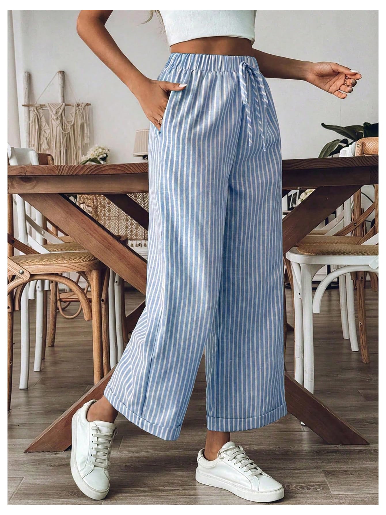 SOLY HUX Women's Striped High Waisted Wide Leg Pants - Tie Front Design with Pockets | Casual & Office Wear for Women | Comfortable Stretch Fabric for Everyday Use