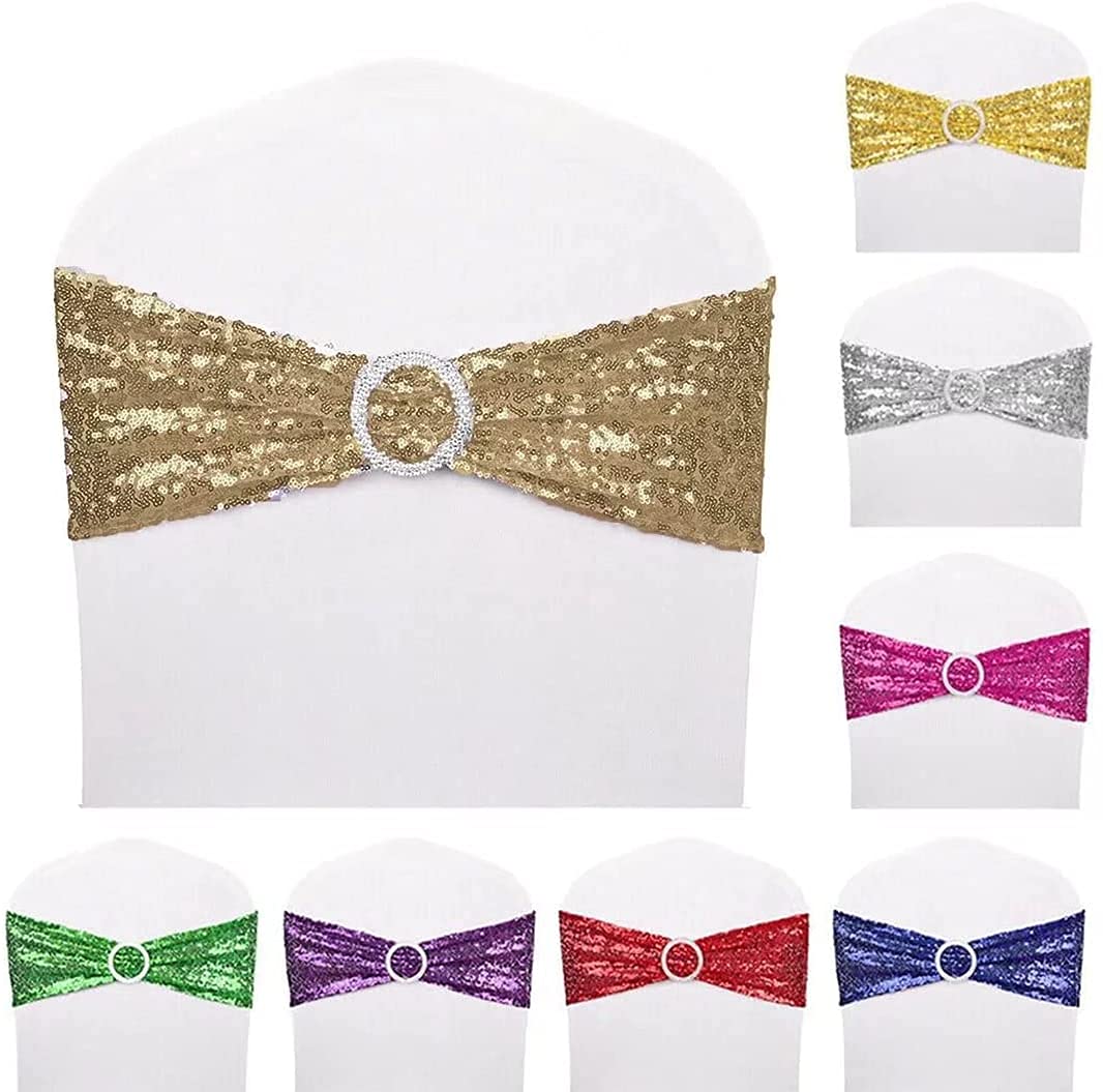 100pcs Champagne Sequin Chair Sashes - Stretch Spandex Chair Bands with Buckles for Wedding, Banquet, Birthday, Graduation, Anniversary & Prom Decorations | Elegant Party Chair Covers for Special Events & Celebrations