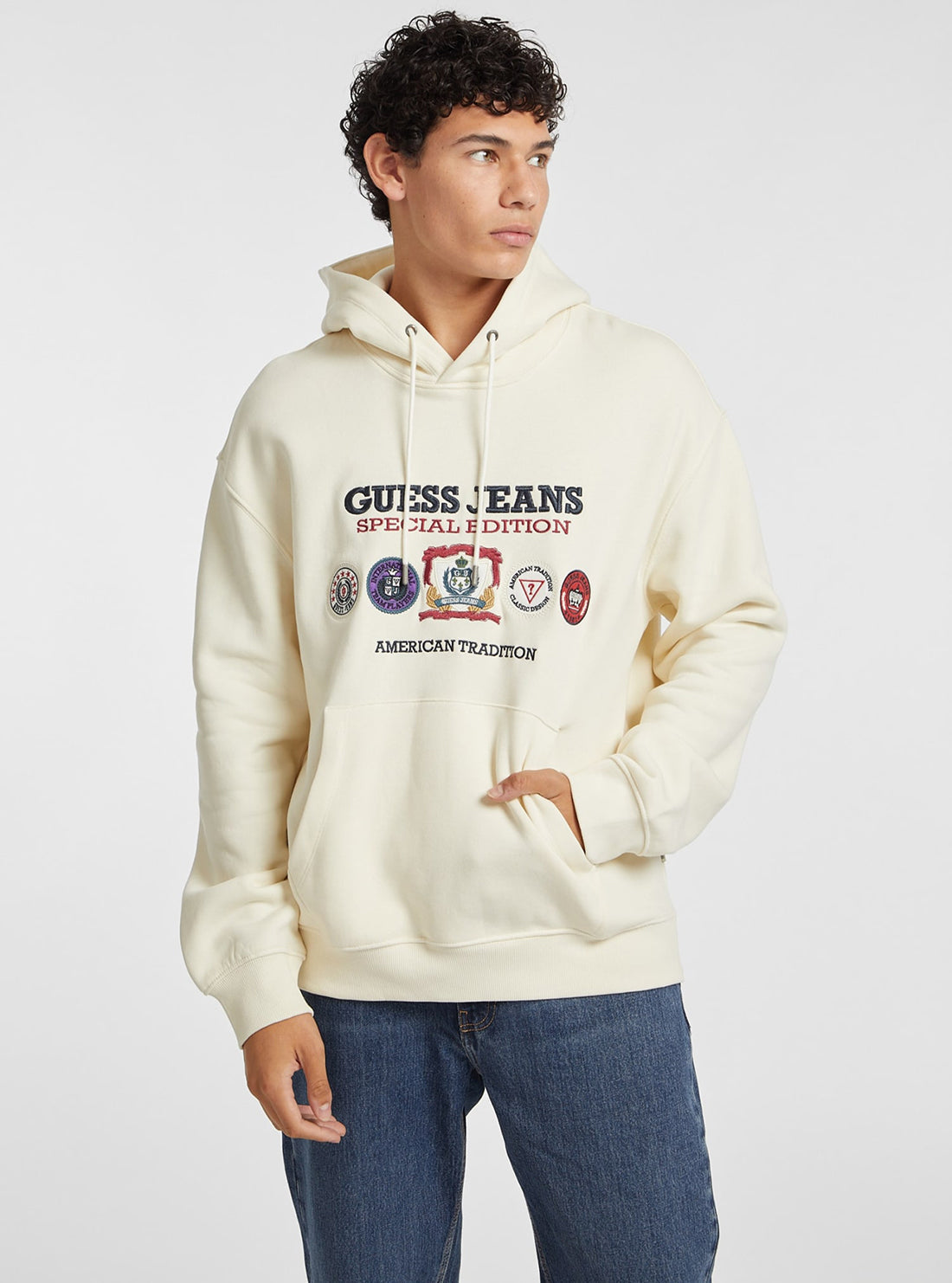 Guess Women's Beige Hoodie Sweatshirt - Casual Pullover Fleece Hoodie for Everyday Wear, Gym & Street Style