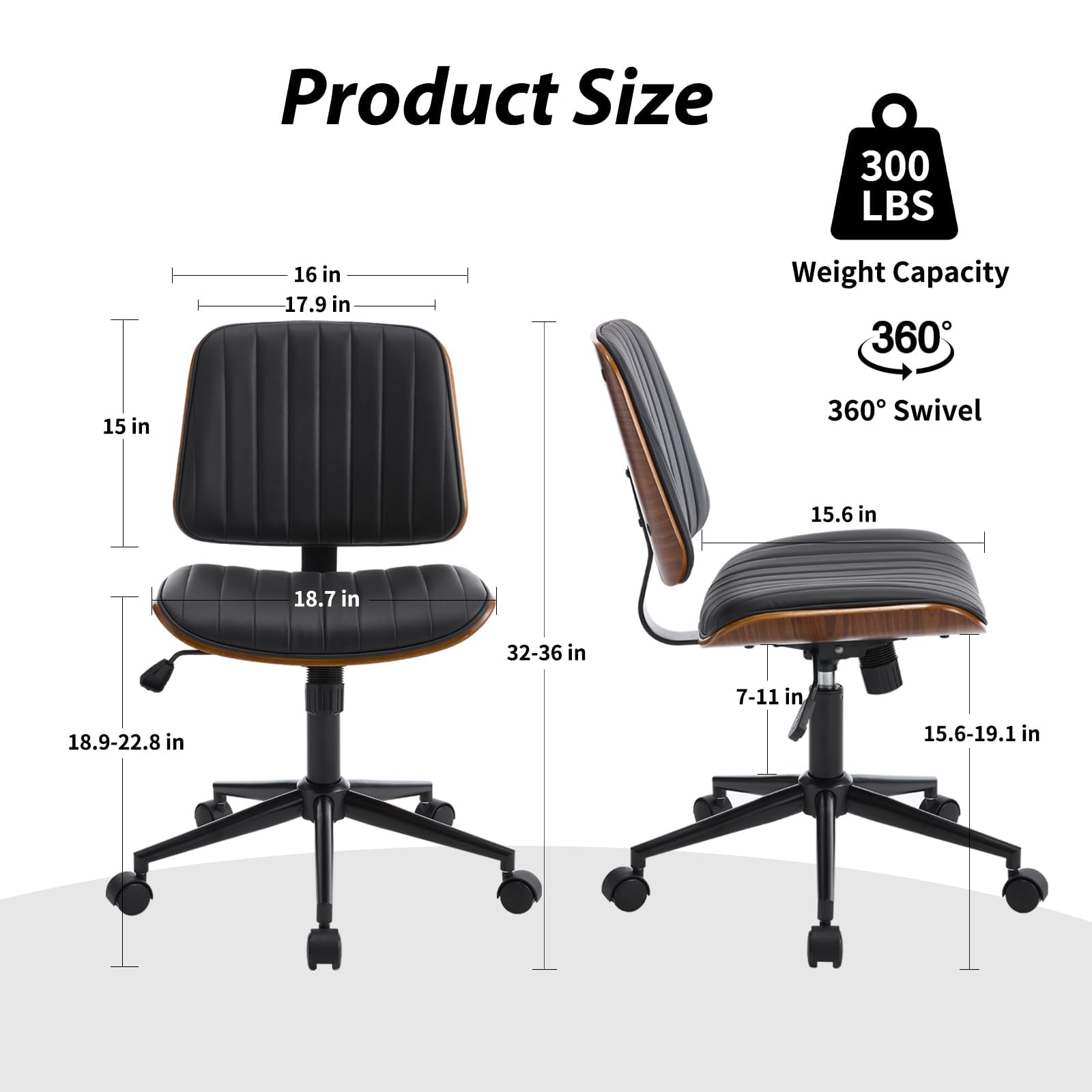 Ergonomic Small Home Office Chair - Armless Mid Back Desk Chair with 360° Swivel Wheels, PU Leather Upholstery & Height Adjustment - Modern Walnut Computer Chair for Home Office, Study Room or Conference Room - Black - Perfect for Remote Work, Online Meetings & Long Working Hours