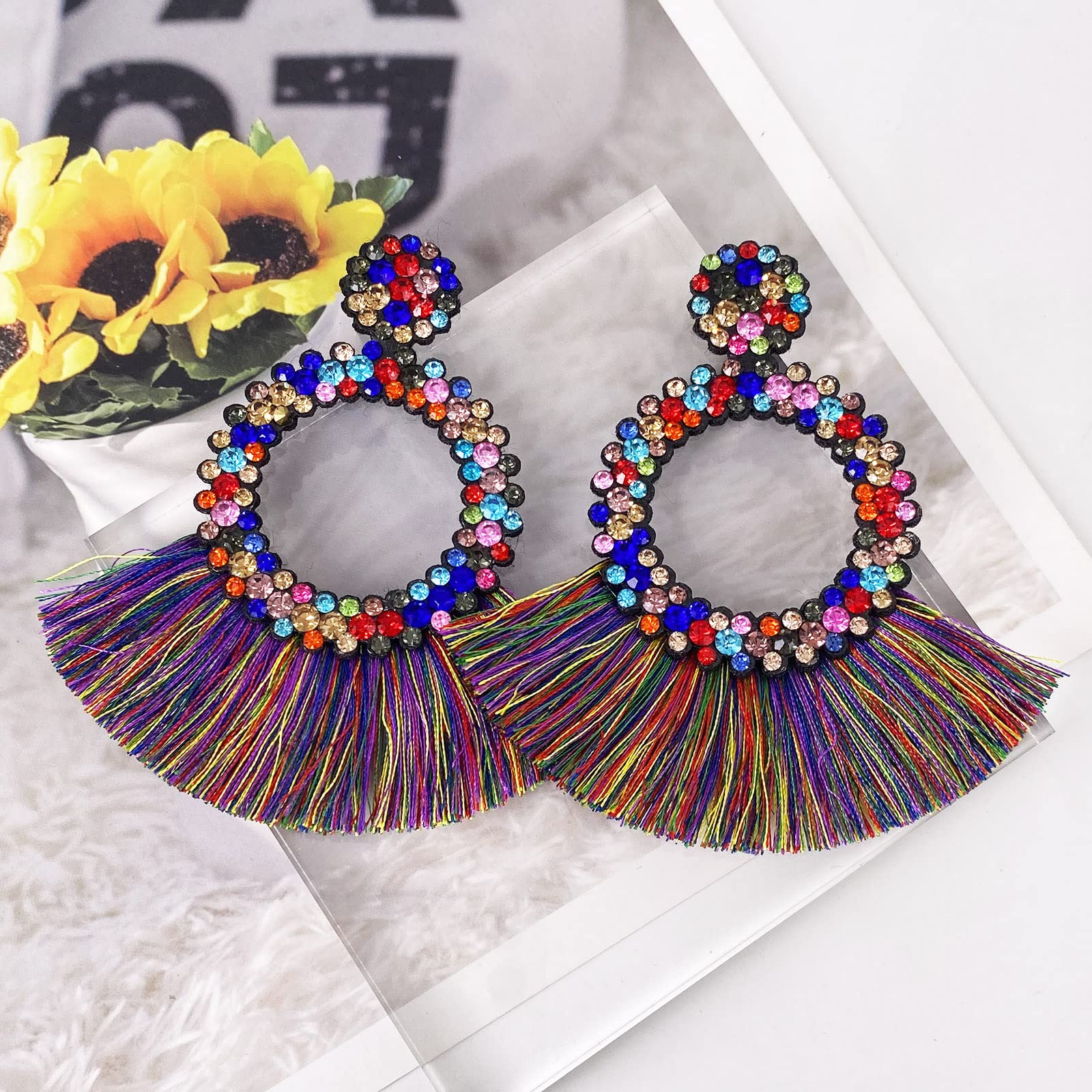 Boho Crystal Tassel Earrings for Women - Sparkly Scalloped Cotton Thread Statement Earrings 3.34