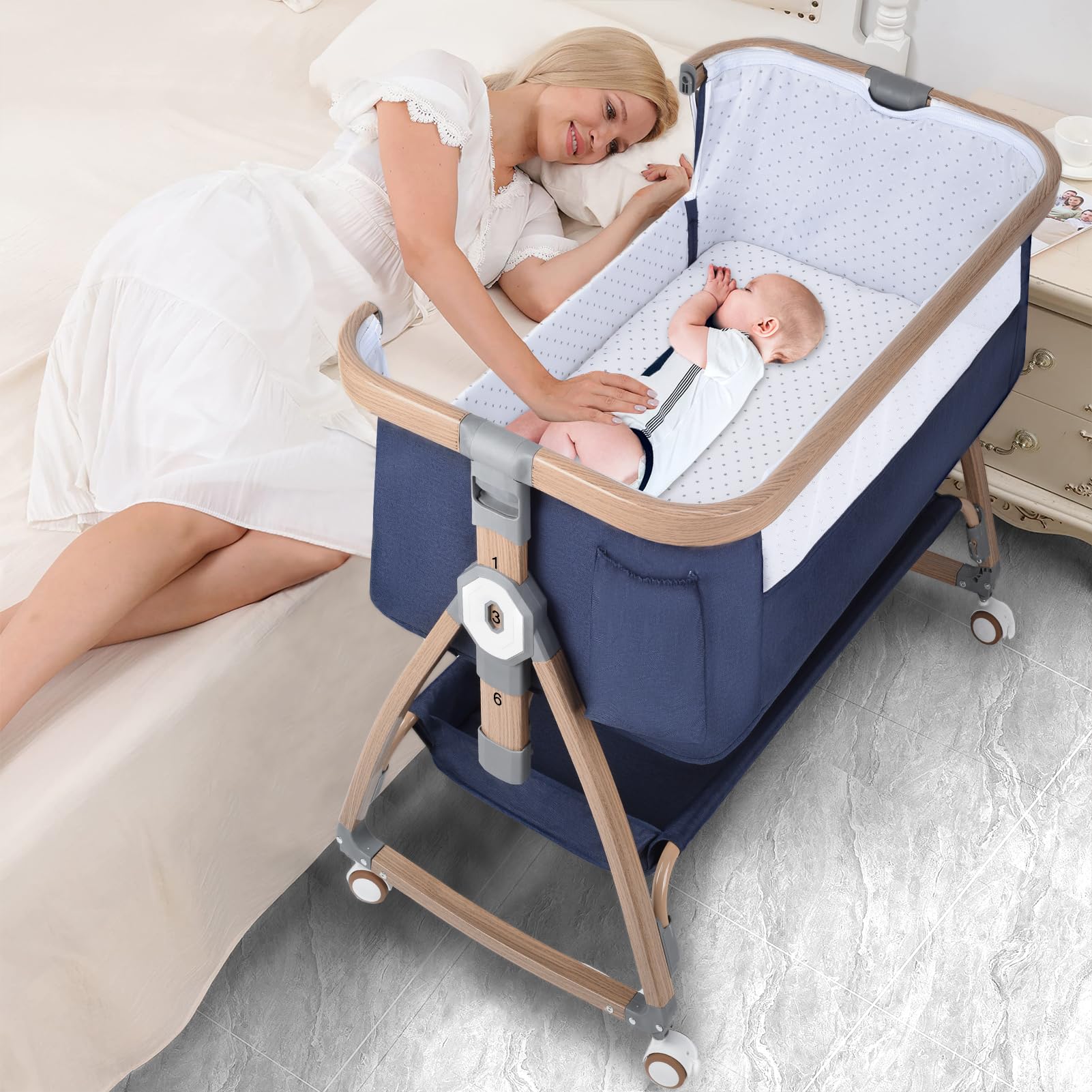PLKMGF 3-in-1 Adjustable Baby Bassinet & Bedside Sleeper with Wheels, Storage Basket & Mosquito Net - Portable Crib for Newborn & Infant - Perfect for Nursery, Bedroom & Travel Use