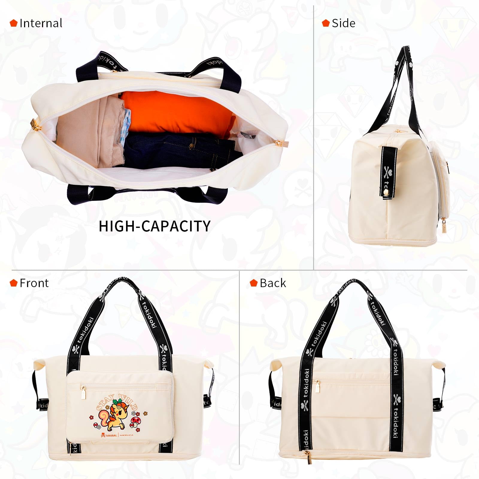 Tokidoki Duffle Bag for Women Travel - Large Capacity Carry On Weekender Tote & Sports Gym Bag for Workout, Vacation, Beach Trips & Daily Use