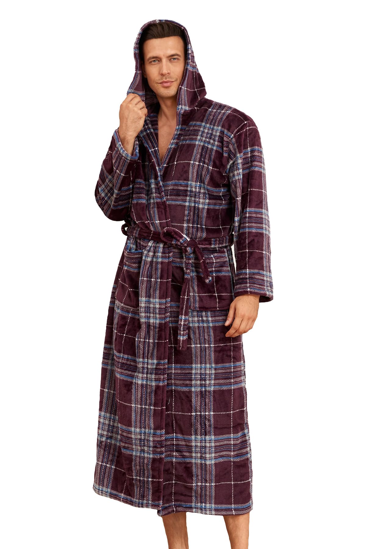 1stvital Men's Plush Hooded Bathrobe - Soft Flannel Fleece Long House Robe for Winter, Warm Plaid Nightgown with Pockets - Perfect for Lounging, Spa Days & Cozy Evenings at Home