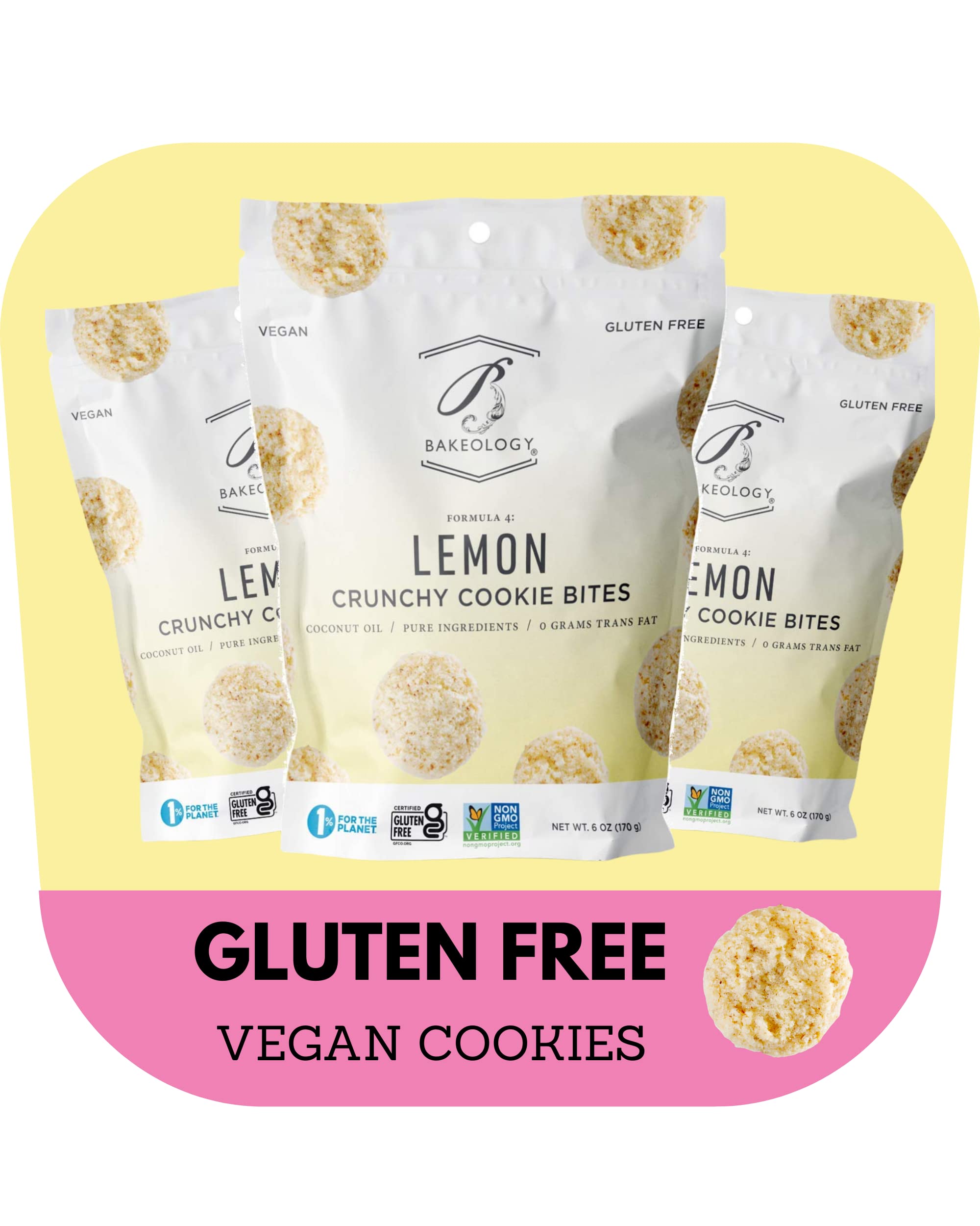 Bakeology Gluten Free Vegan Lemon Cookies - Crunchy Mini Dairy Free Snacks - Plant Based Dessert Made with Coconut Oil & Pure Ingredients - Perfect for Healthy Snacking, Lunchboxes & Tea Time Treats