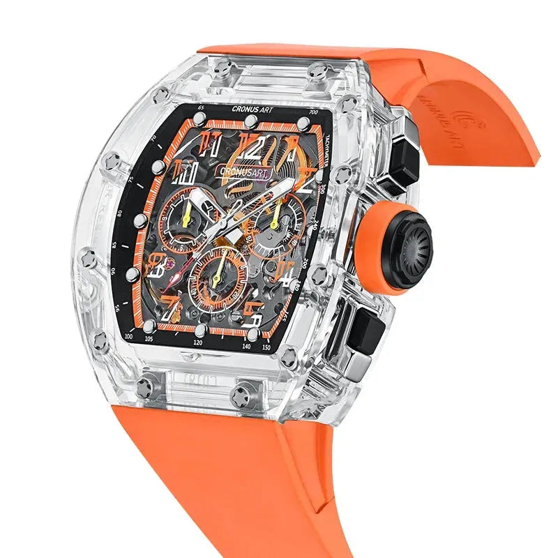 CRONUSART Men's Chronograph Watch 50mm x 42mm Tonneau Mechanical Wristwatch with Sapphire Crystal Case, Luminous Fluororubber Strap & Skeleton Dial - Perfect for Business, Casual Wear & Outdoor Activities