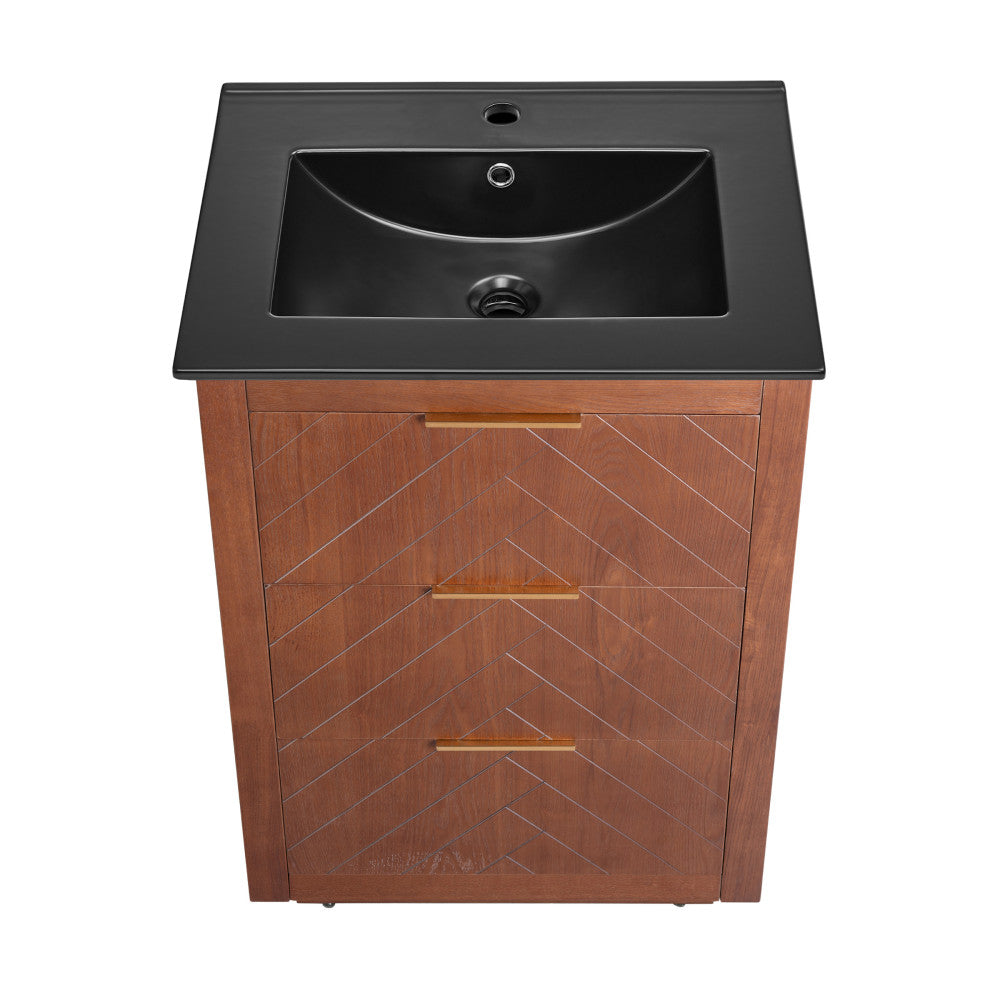 Daxton 24 Inch Freestanding Bathroom Vanity - Brown Oak Finish with Black Sink Top - Modern Bathroom Storage for Small Spaces & Powder Rooms