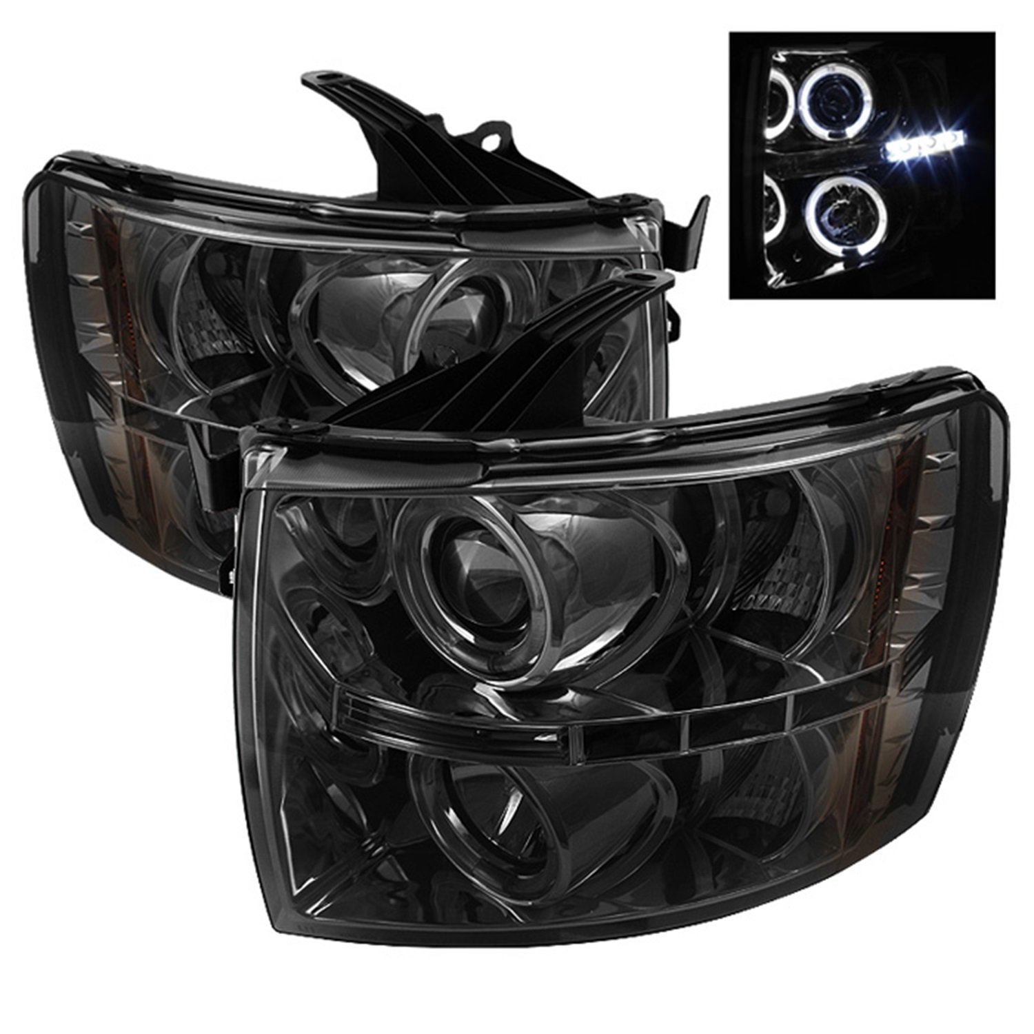 Spyder LED Halo Projector Headlights for Chevy Silverado 1500 07-13 - Smoke Black for Night Driving